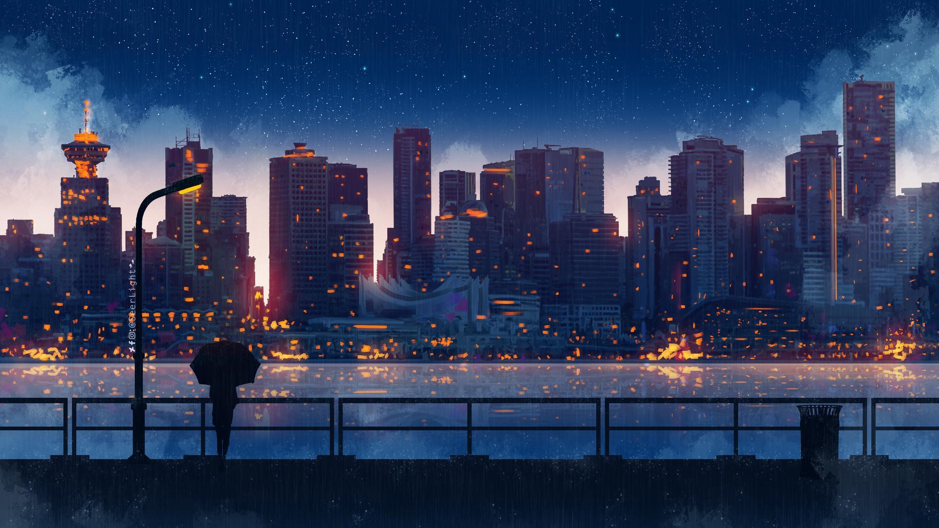 Skyline notturno con ombrello, 1920x1080 Full HD, Desktop