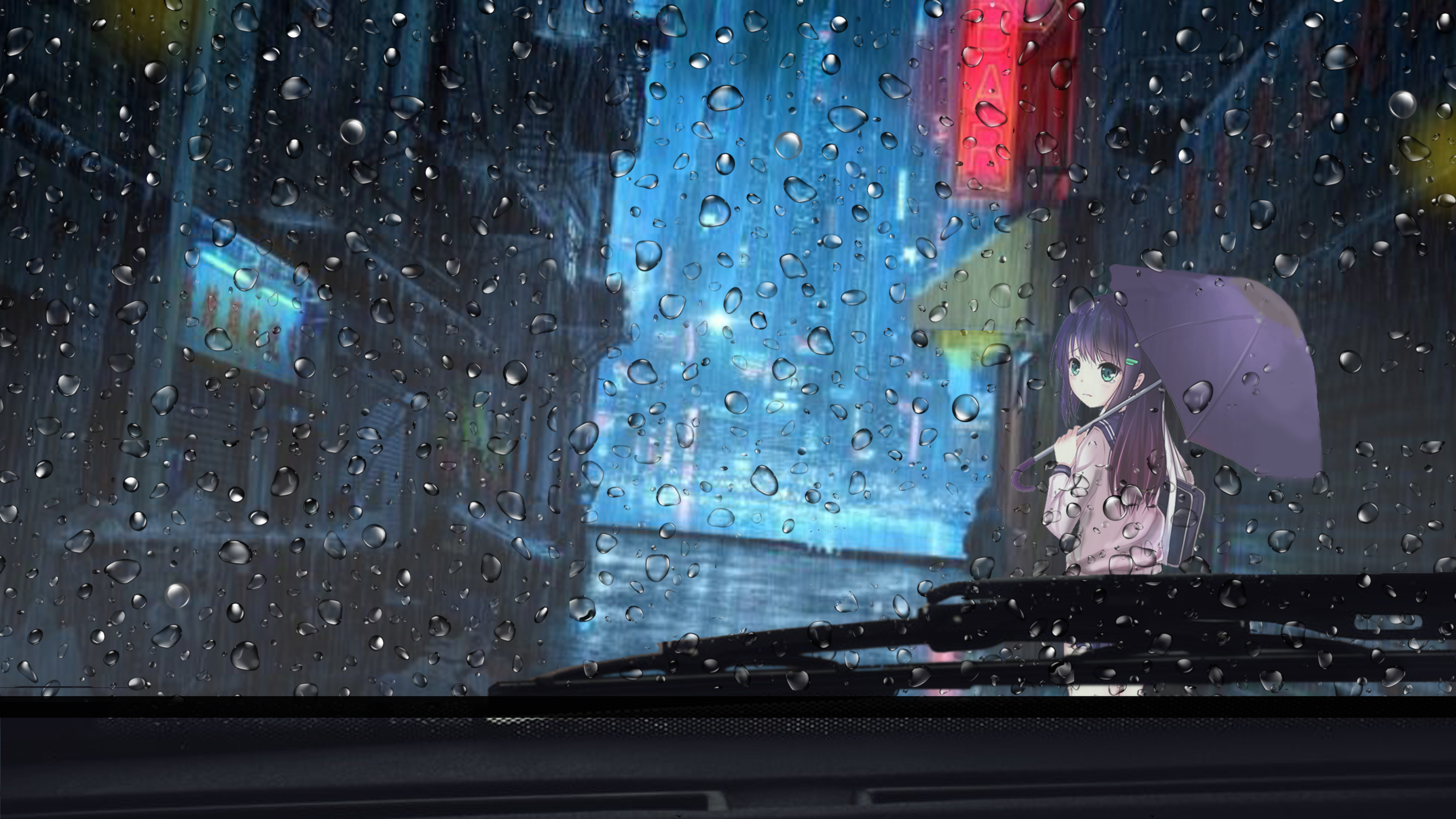 Ragazza anime con ombrello sotto pioggia, 3840x2160 UHD, PC 4K