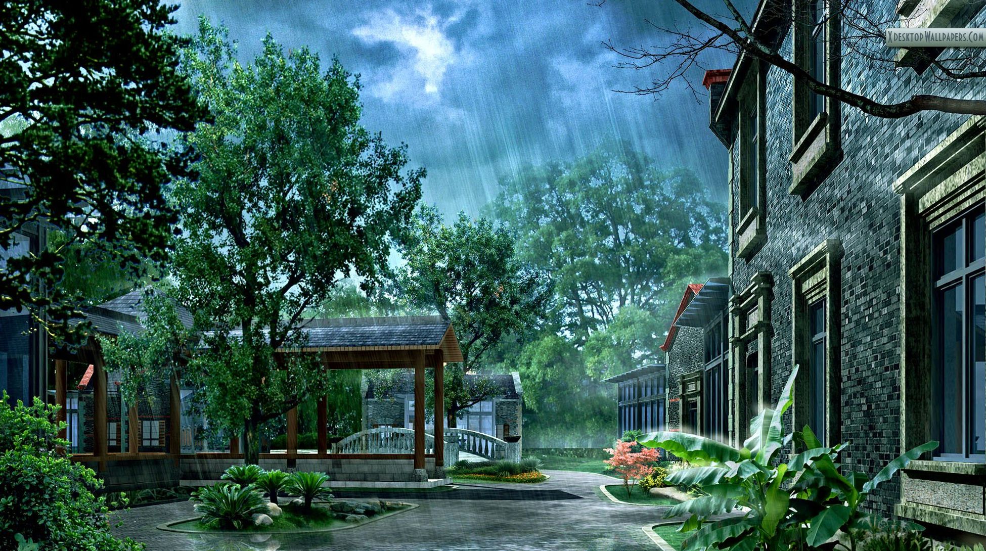 Cortile piovoso con alberi verdi, 1950x1090 Full HD, Laptop