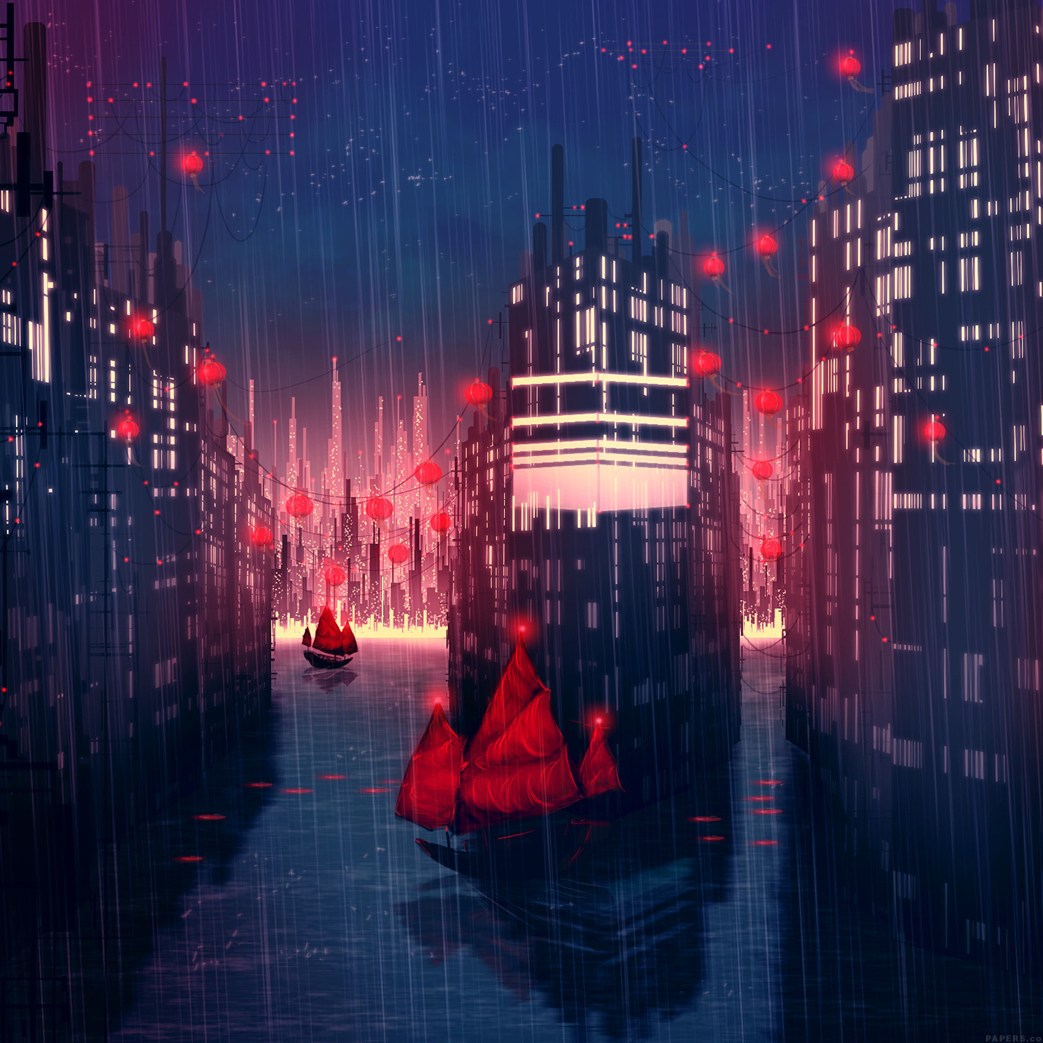 Città anime piovosa con lanterne rosse, 2048x2048 2K, Desktop