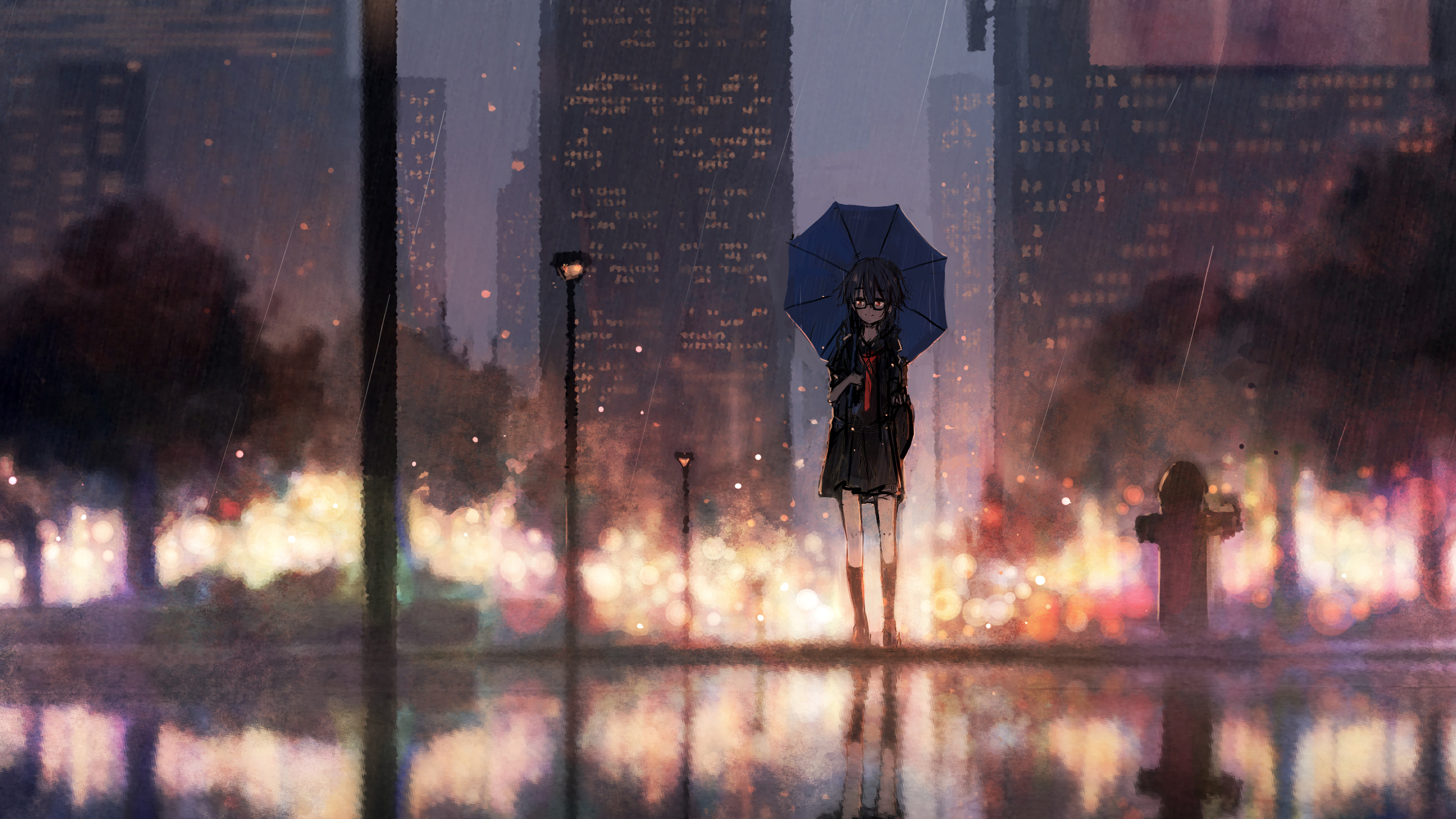 Ragazza anime con ombrello sotto pioggia, 2560x1440 QHD, Laptop