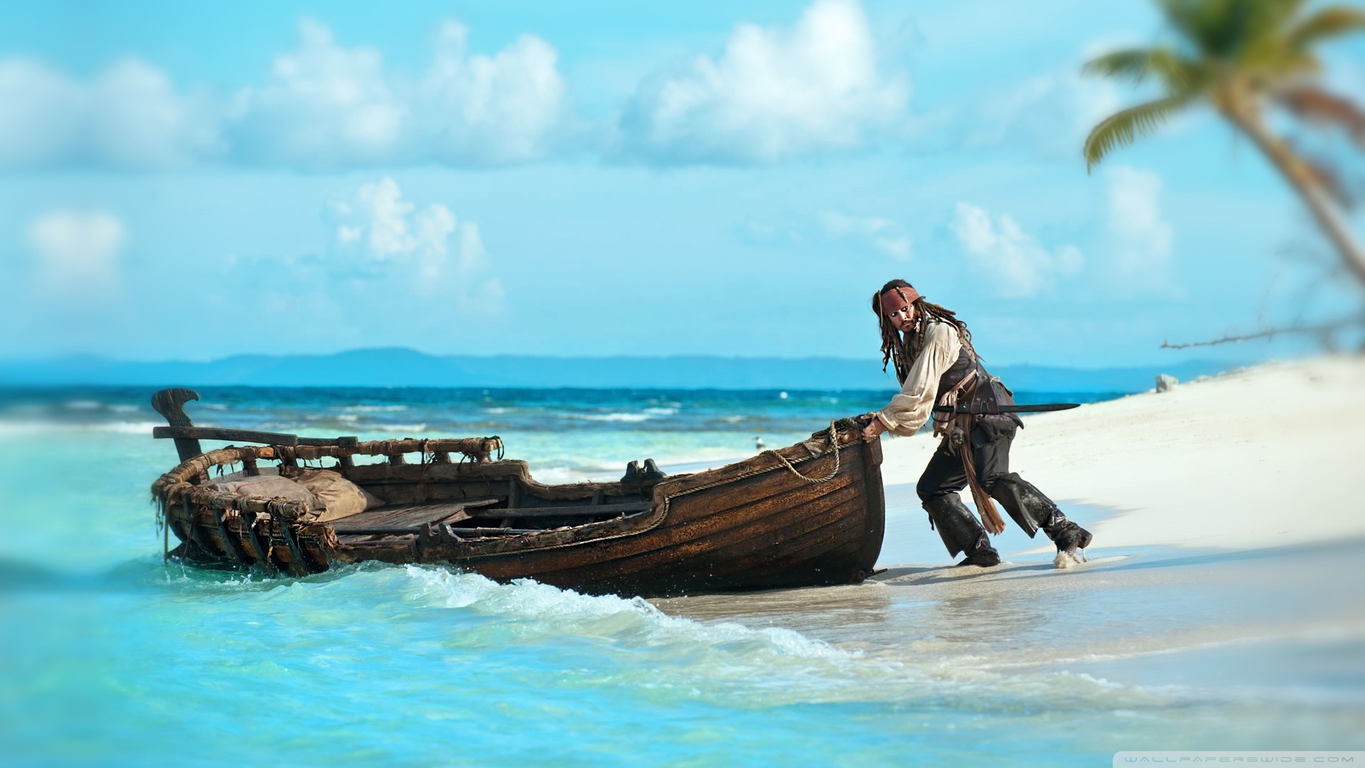 Jack Sparrow spinge barca spiaggia, 1920x1080 Full HD 1080p, Laptop