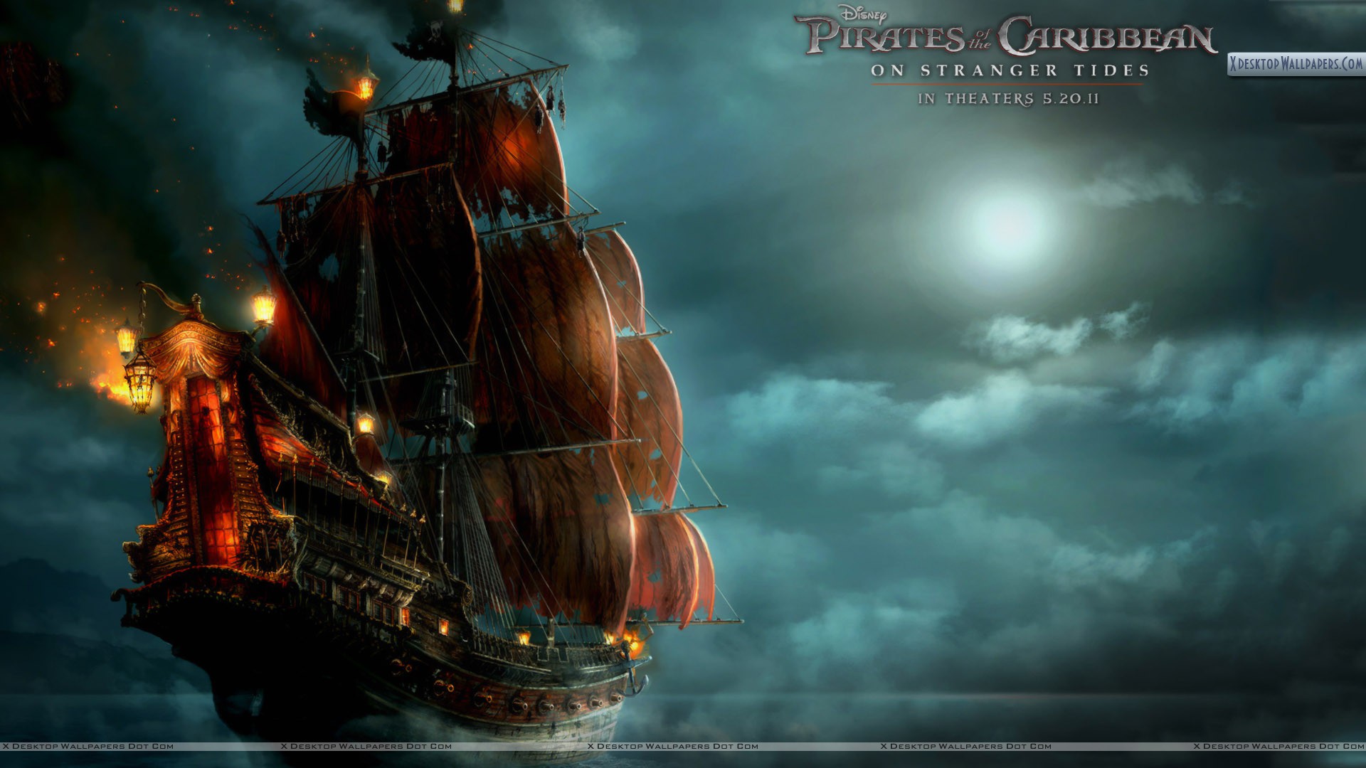 Nave pirata vele rosse notte, 1920x1080 Full HD, Laptop