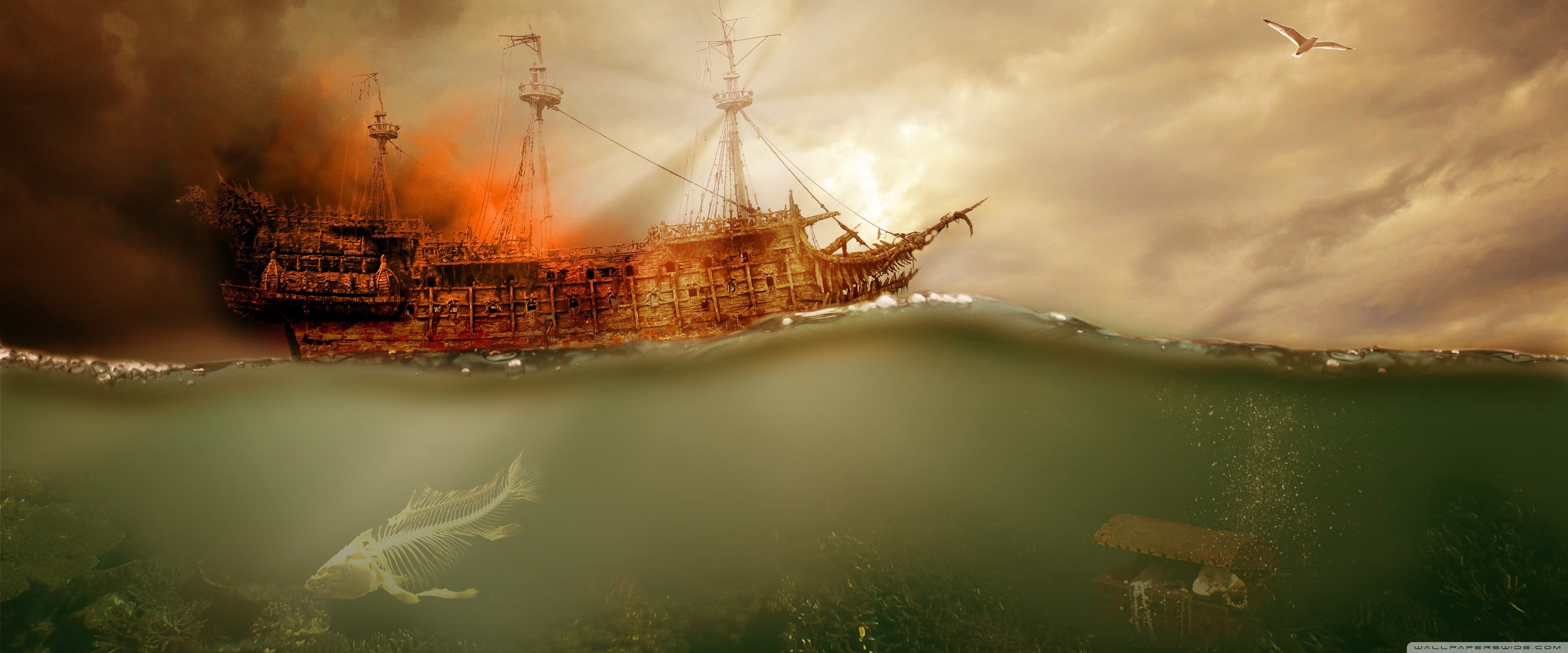 Nave pirata in fiamme, 3840x1600 21:9, Ultrawide
