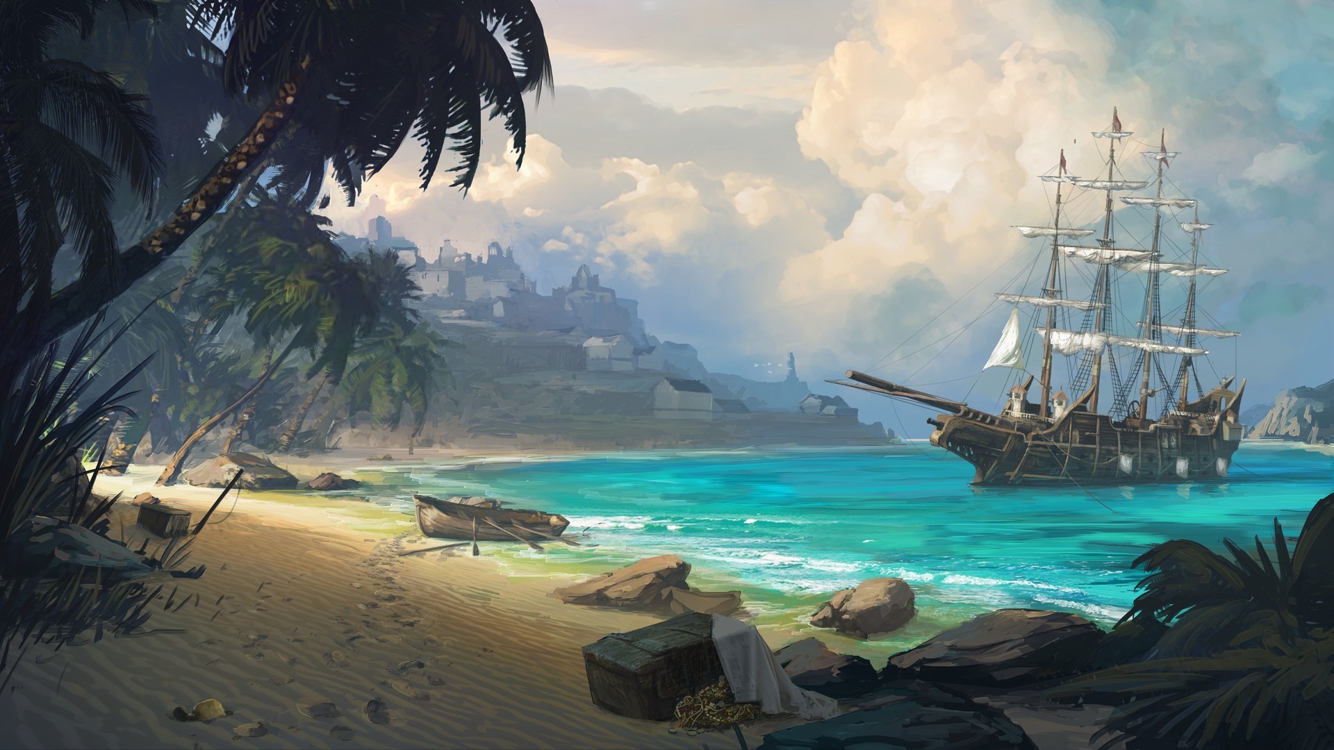 Nave pirata su spiaggia tropicale, 1920x1080 Full HD 1080p, PC Desktop