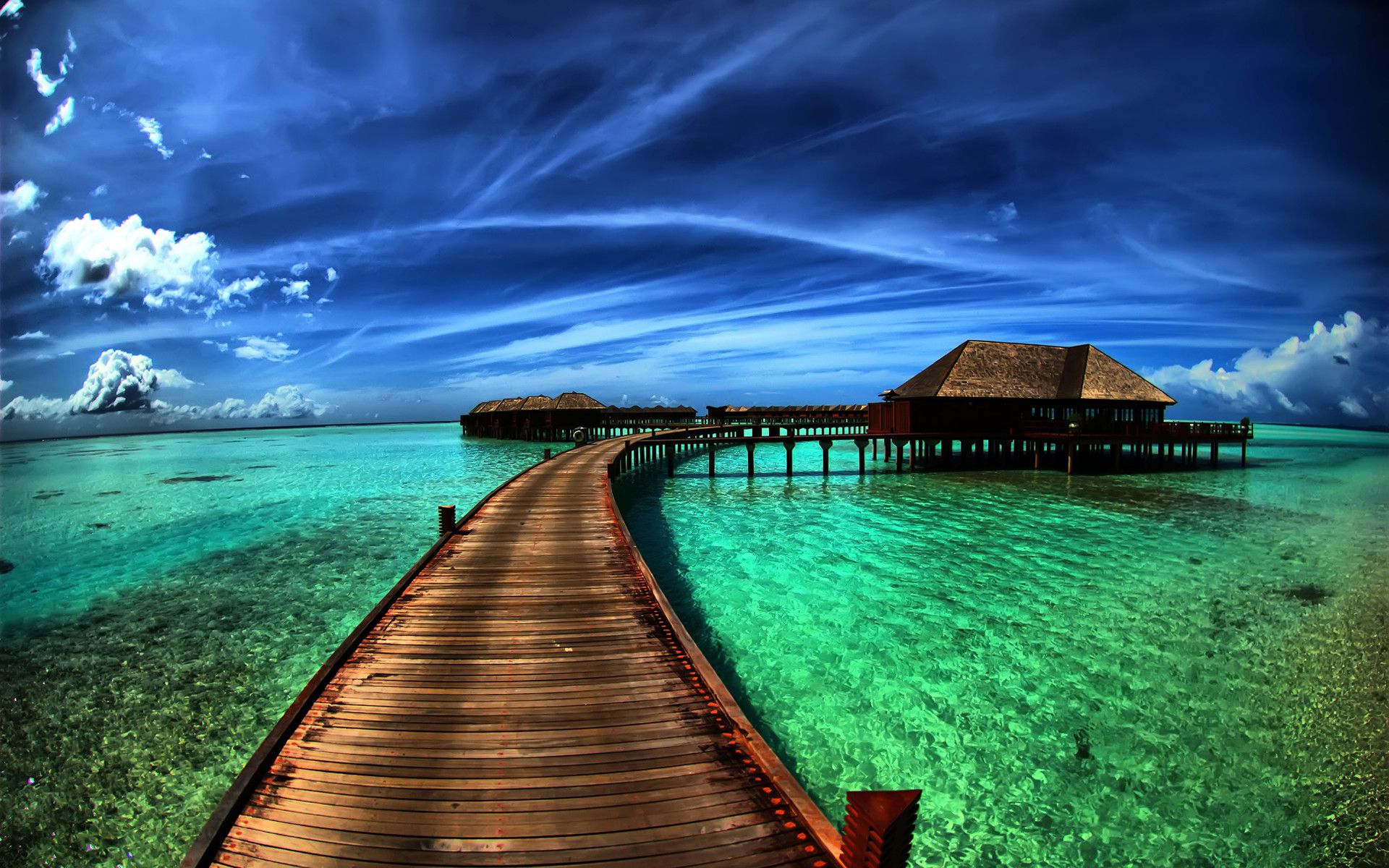 Passerella legno bungalow oceano tropicale, 1920x1200 WUXGA, Desktop