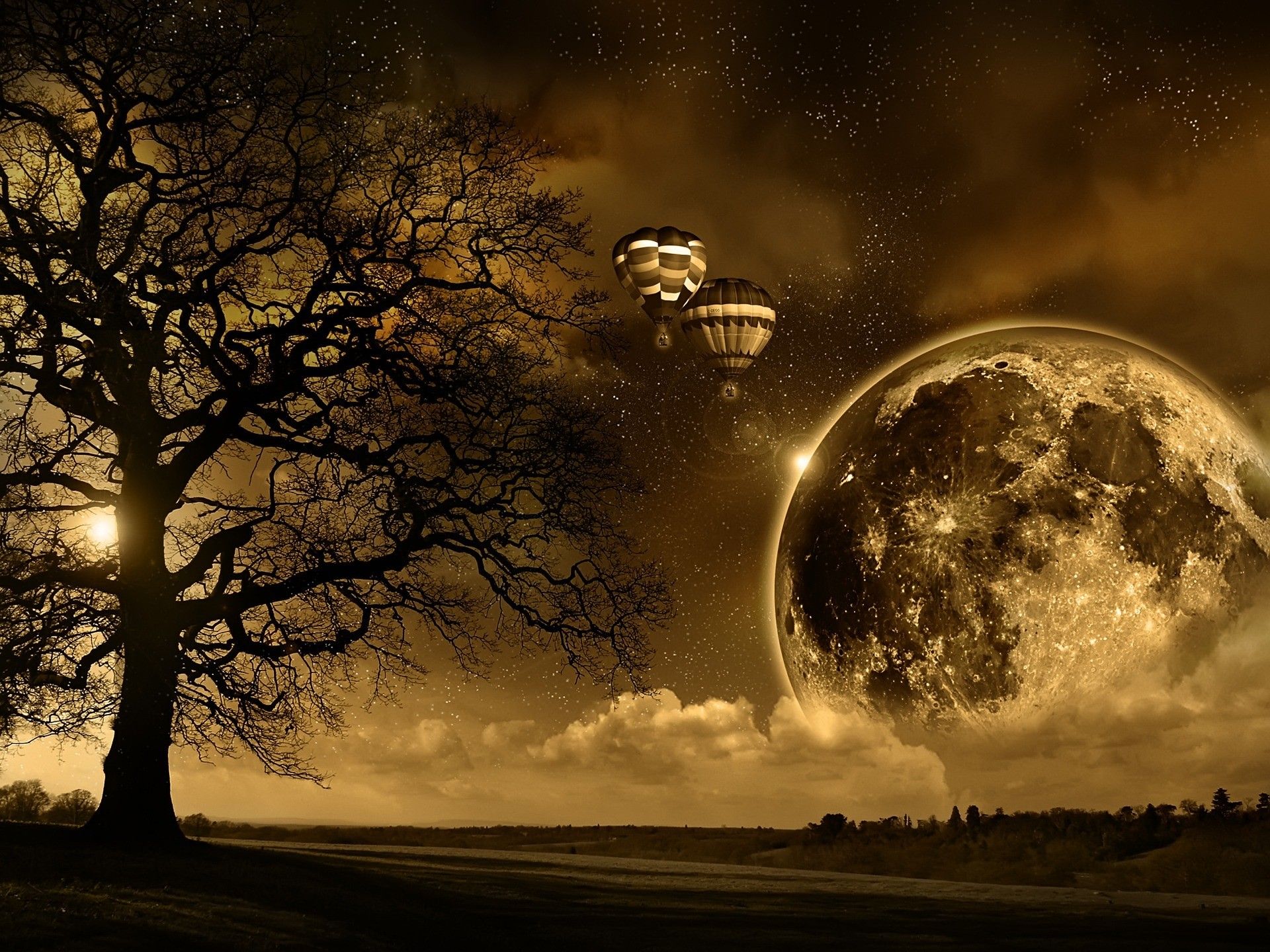 Albero, luna gigante, mongolfiere notte, 1920x1440 WUXGA, Laptop