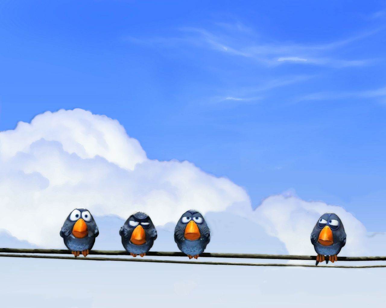 Uccellini su filo, cartone animato, 1280x1024 HD, Desktop