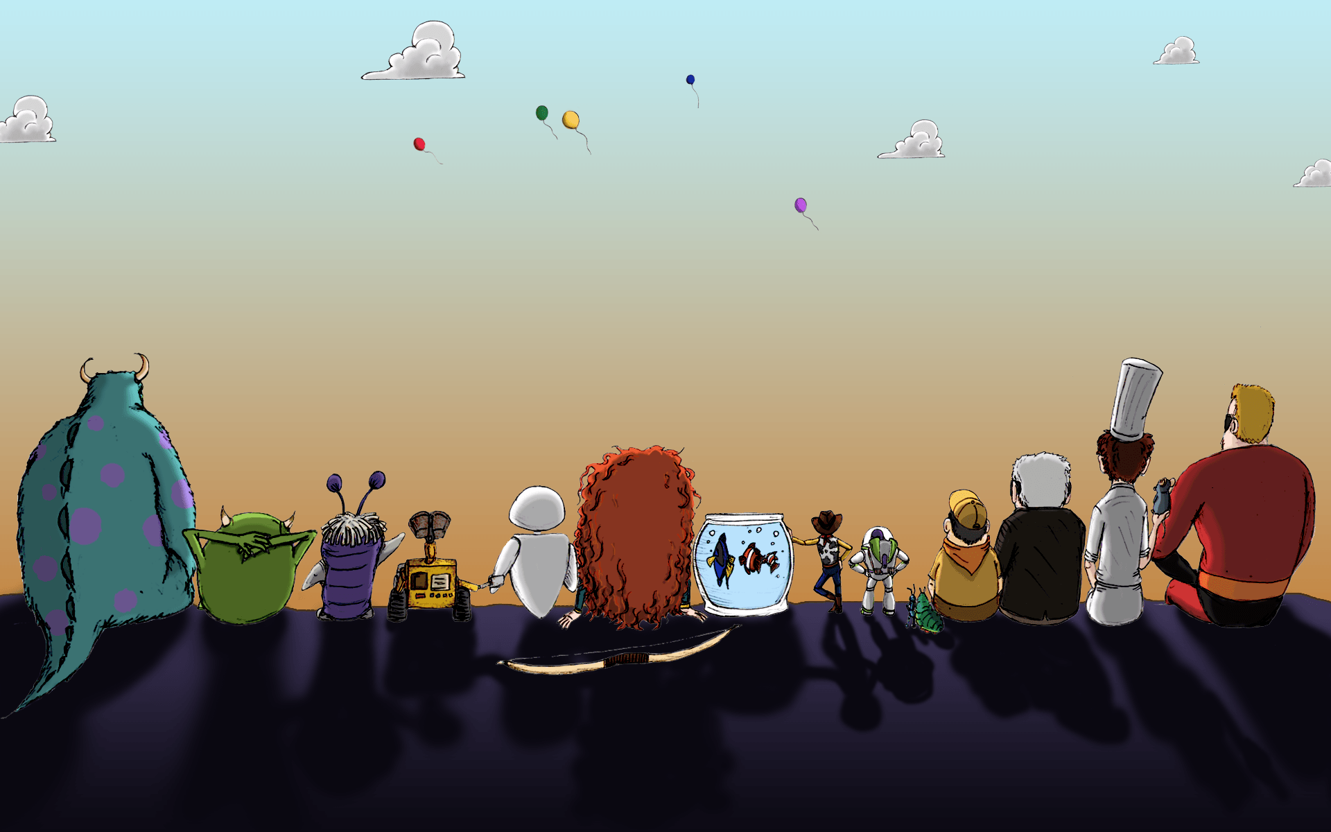 Personaggi Pixar seduti in fila, 1920x1200 WUXGA, PC