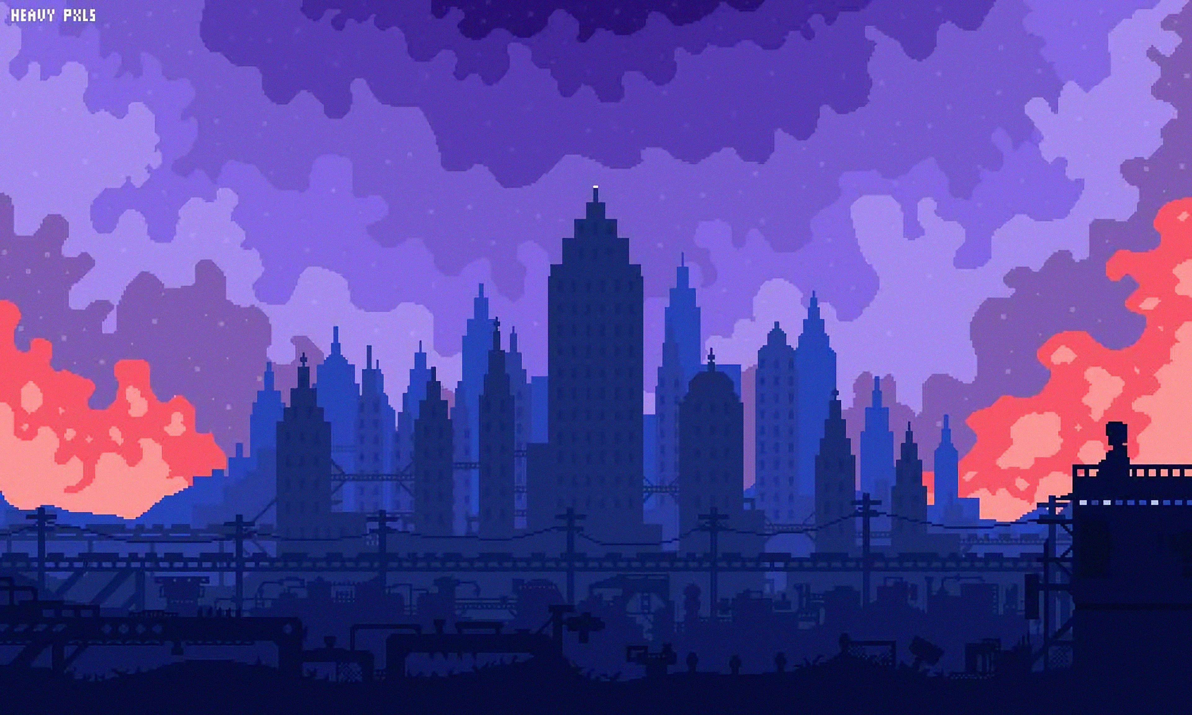Skyline città pixel art viola, 3840x2304 UHD, PC 4K