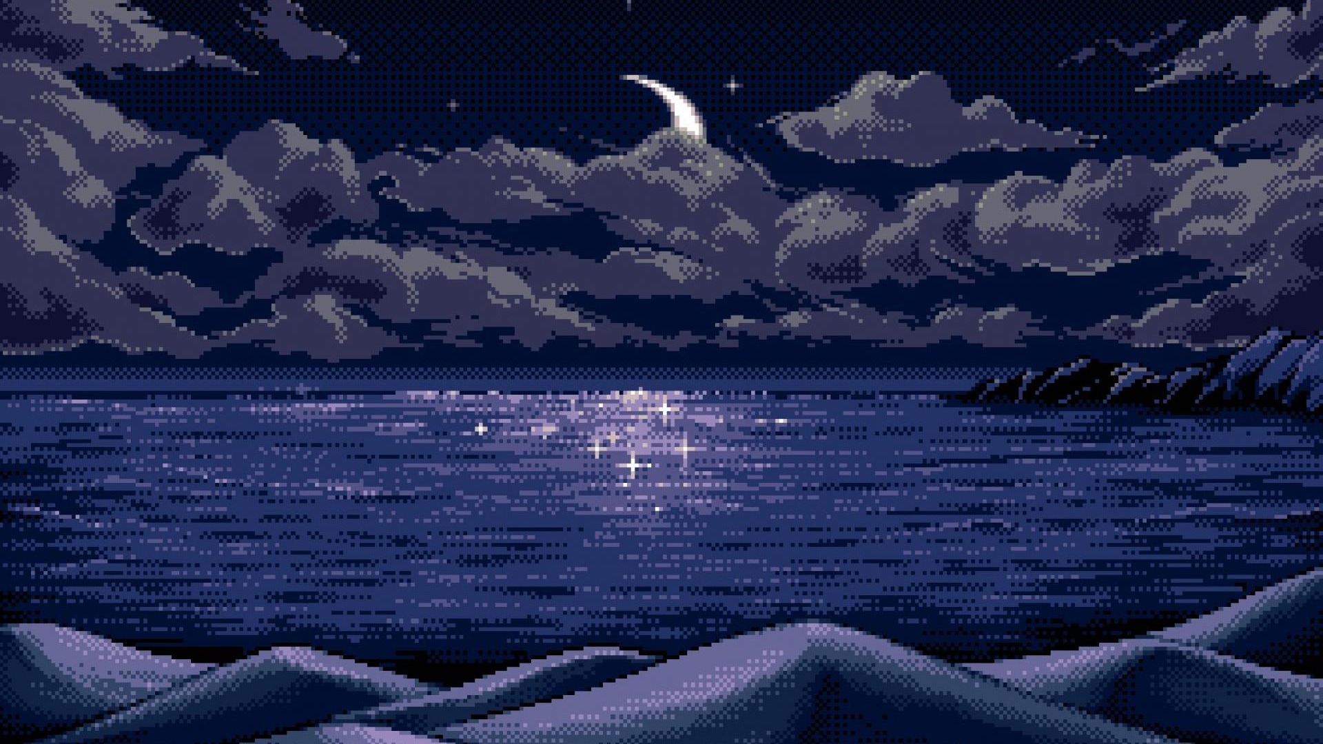 Notte pixel art mare luna, 1920x1080 1080p, Desktop