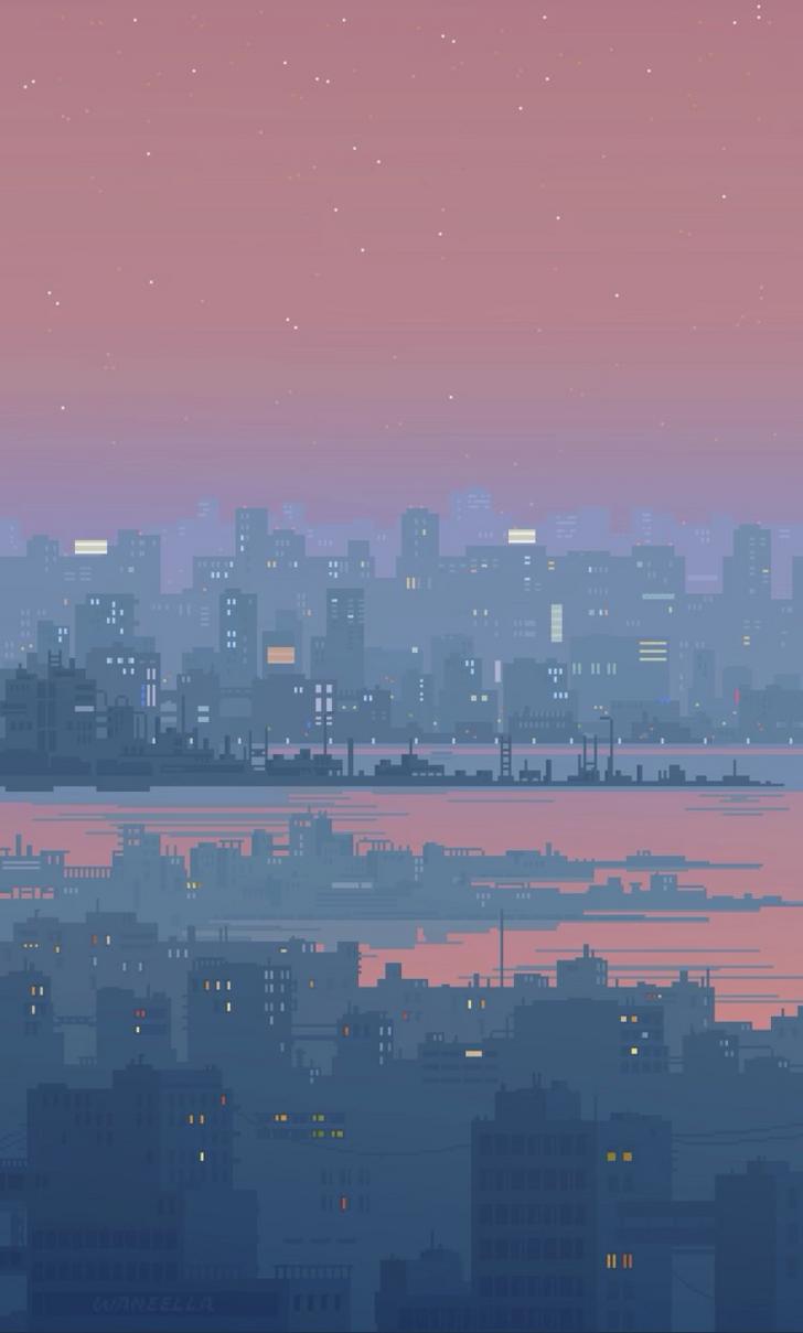 Skyline città pixel art tramonto, 728x1209 Full HD Verticale, iPhone