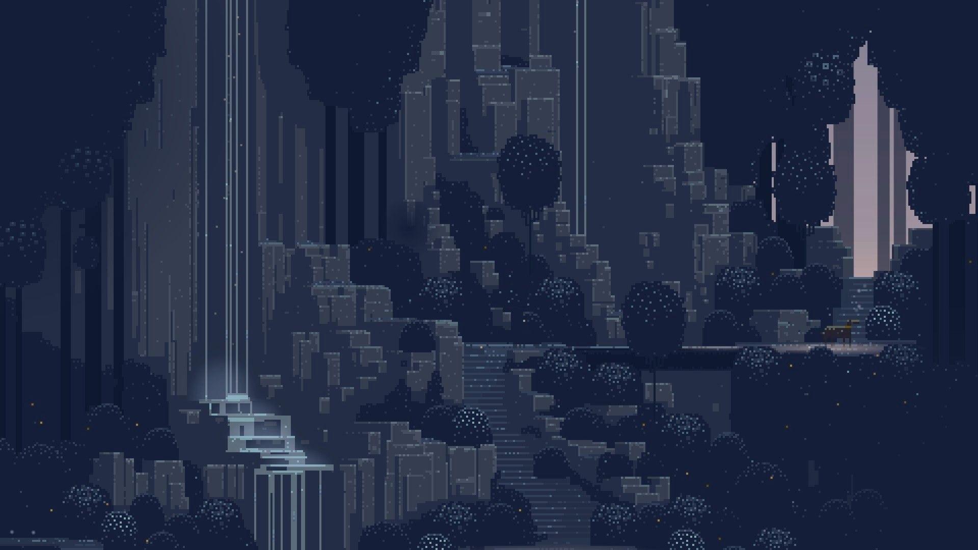 Cascate pixel art notturne, 1920x1080 1080p, PC Desktop