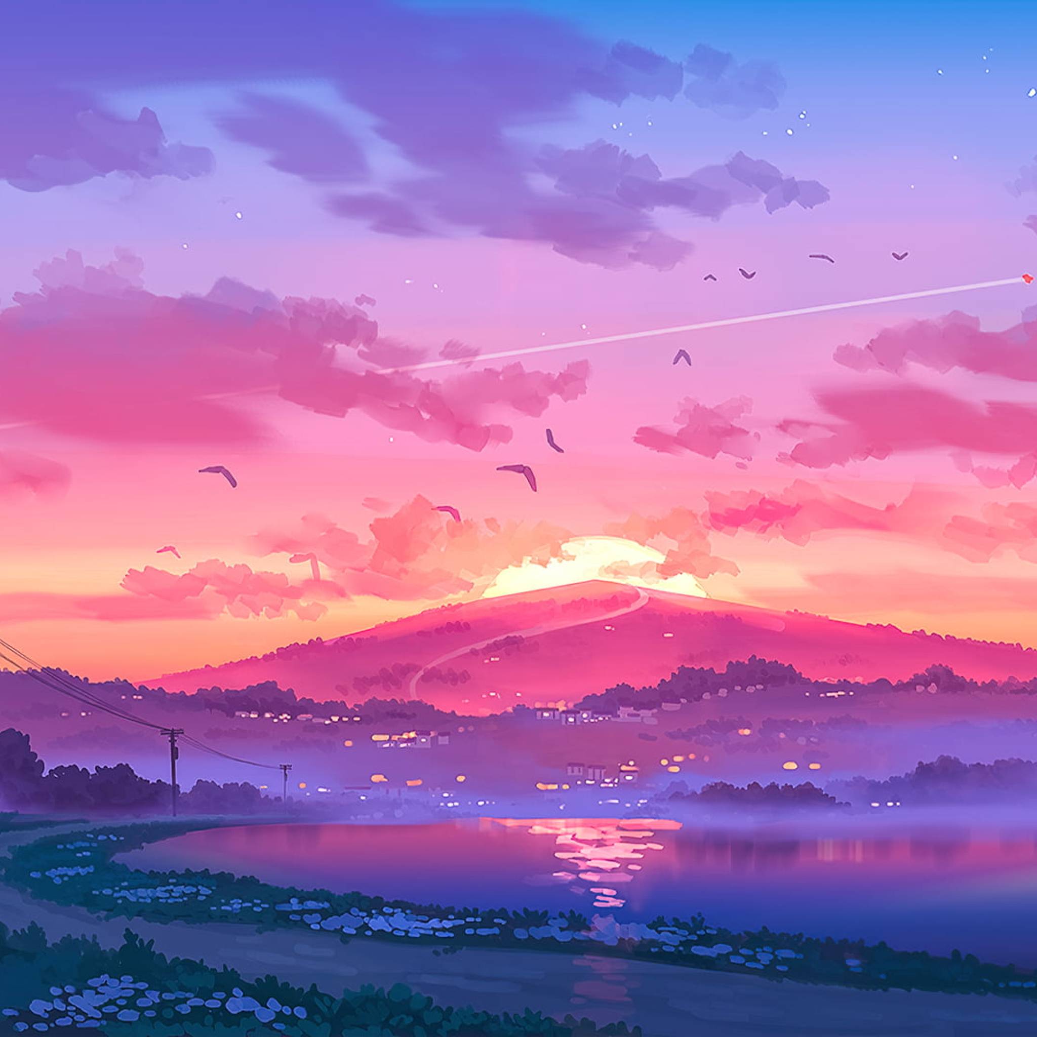 Tramonto pixel art rosa viola, 2048x2048 alta risoluzione, Desktop