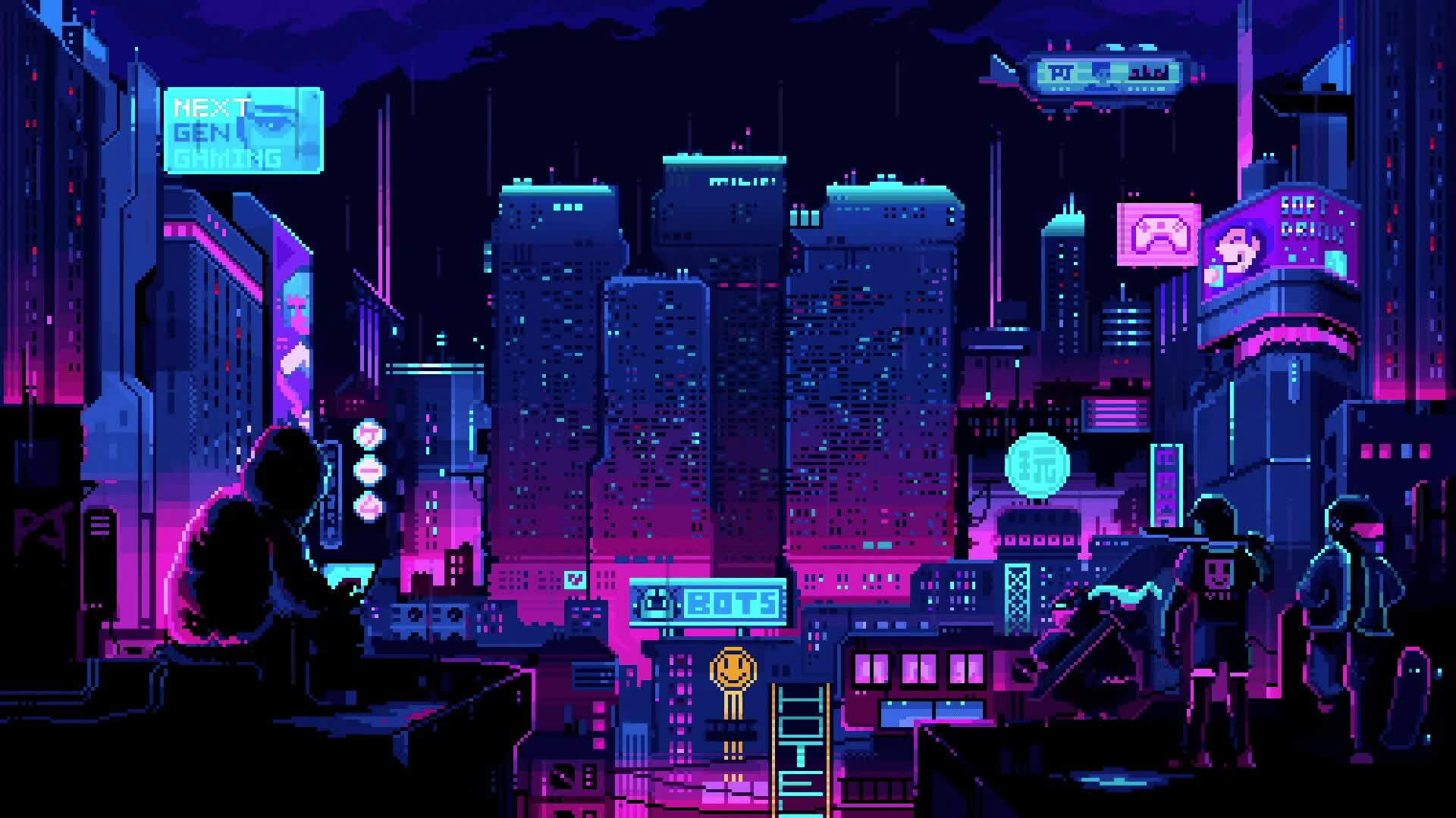 Città cyberpunk pixel art notturna, 1920x1080 Full HD, PC