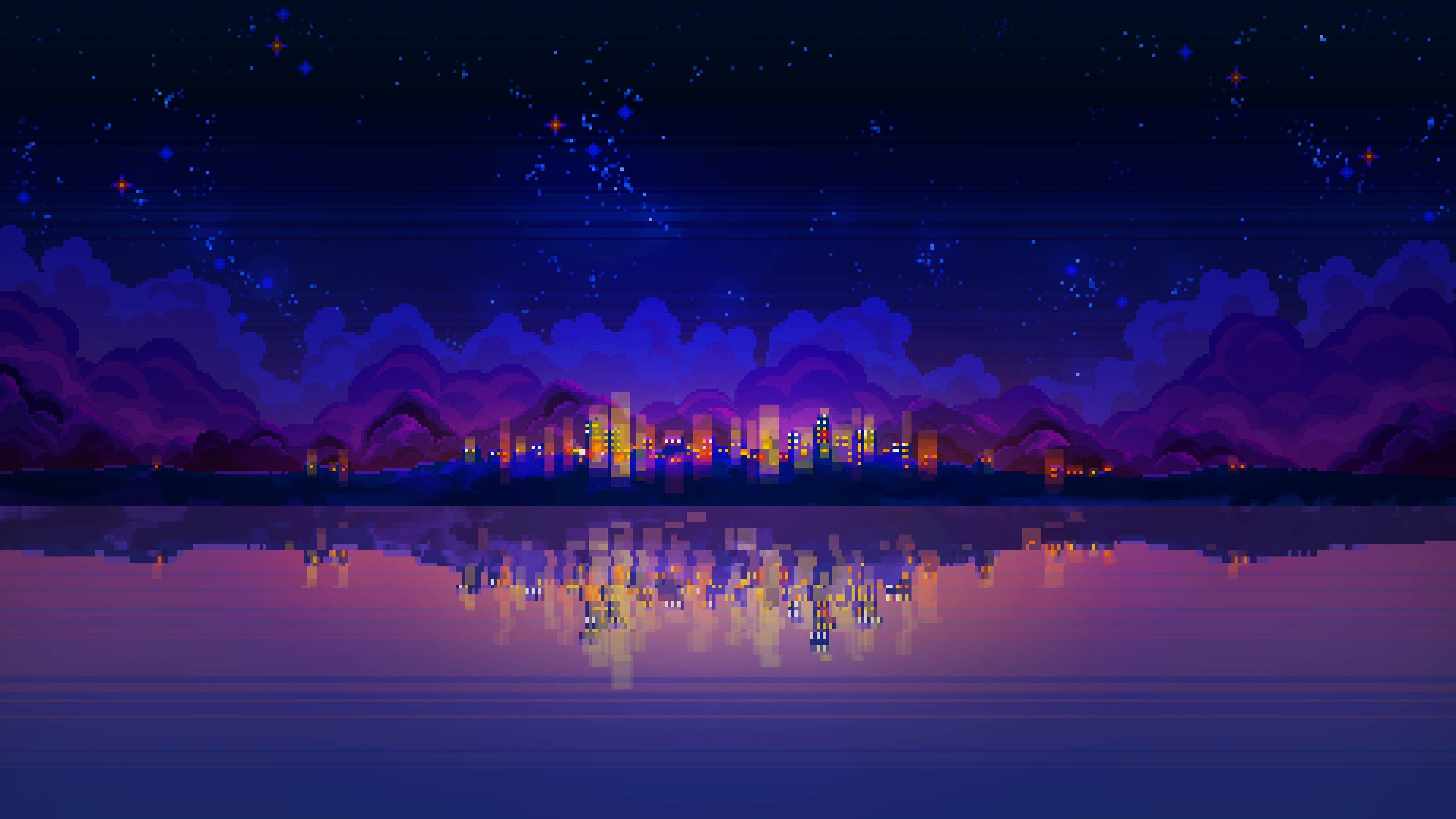 Città pixel art notturna riflessa, 3840x2162 Ultra HD, 4K TV