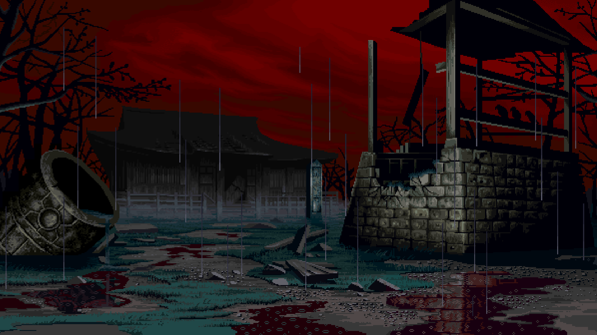 Villaggio pixel art notturno rosso, 1920x1080 Full HD, PC