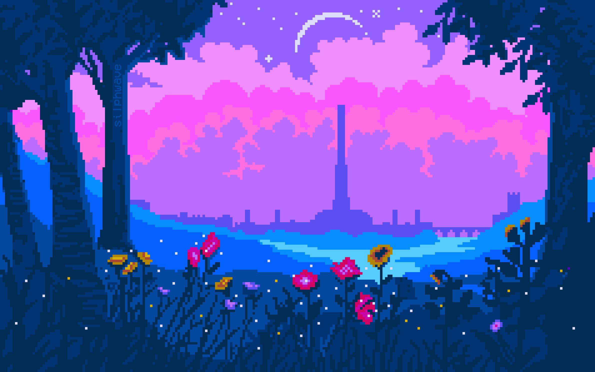 Paesaggio pixel art notturno viola, 2380x1490 alta risoluzione, Desktop