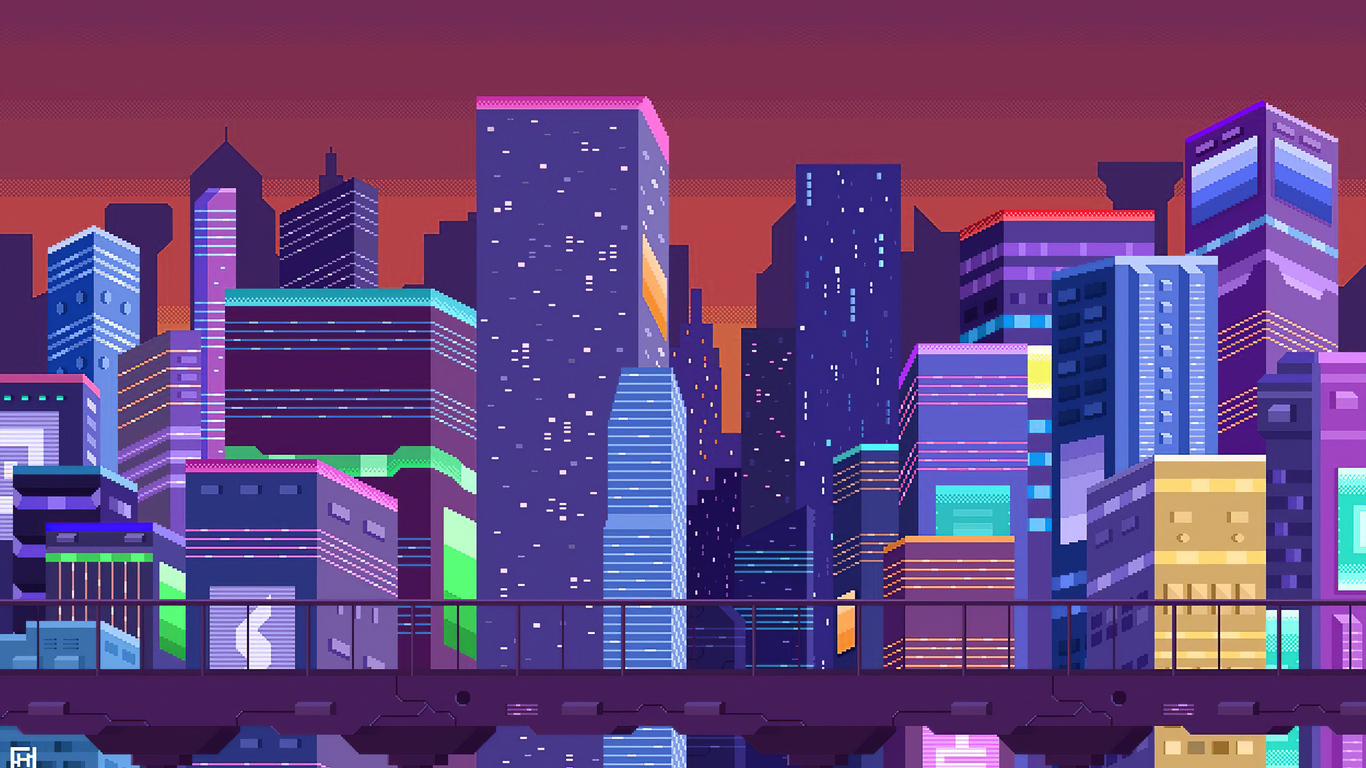 Skyline pixel art città notturna, 1366x768 HD, Desktop