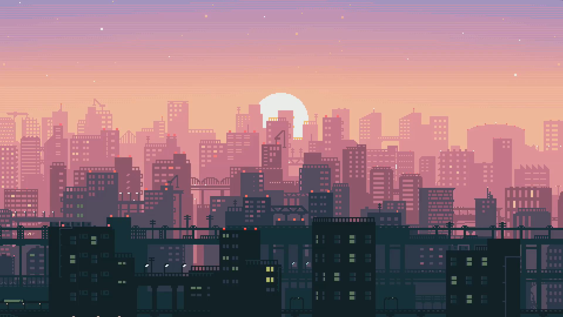 Città pixel art al tramonto, 1920x1080 Full HD, PC Desktop