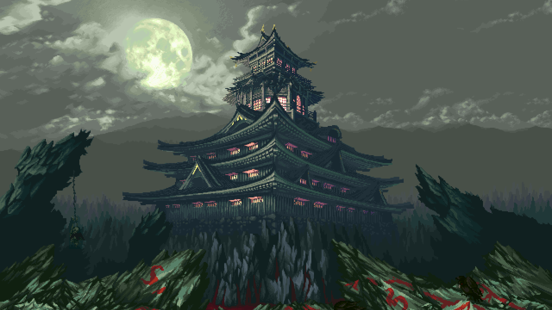 Castello giapponese pixel art notturno, 1920x1080 Full HD 1080p, Laptop