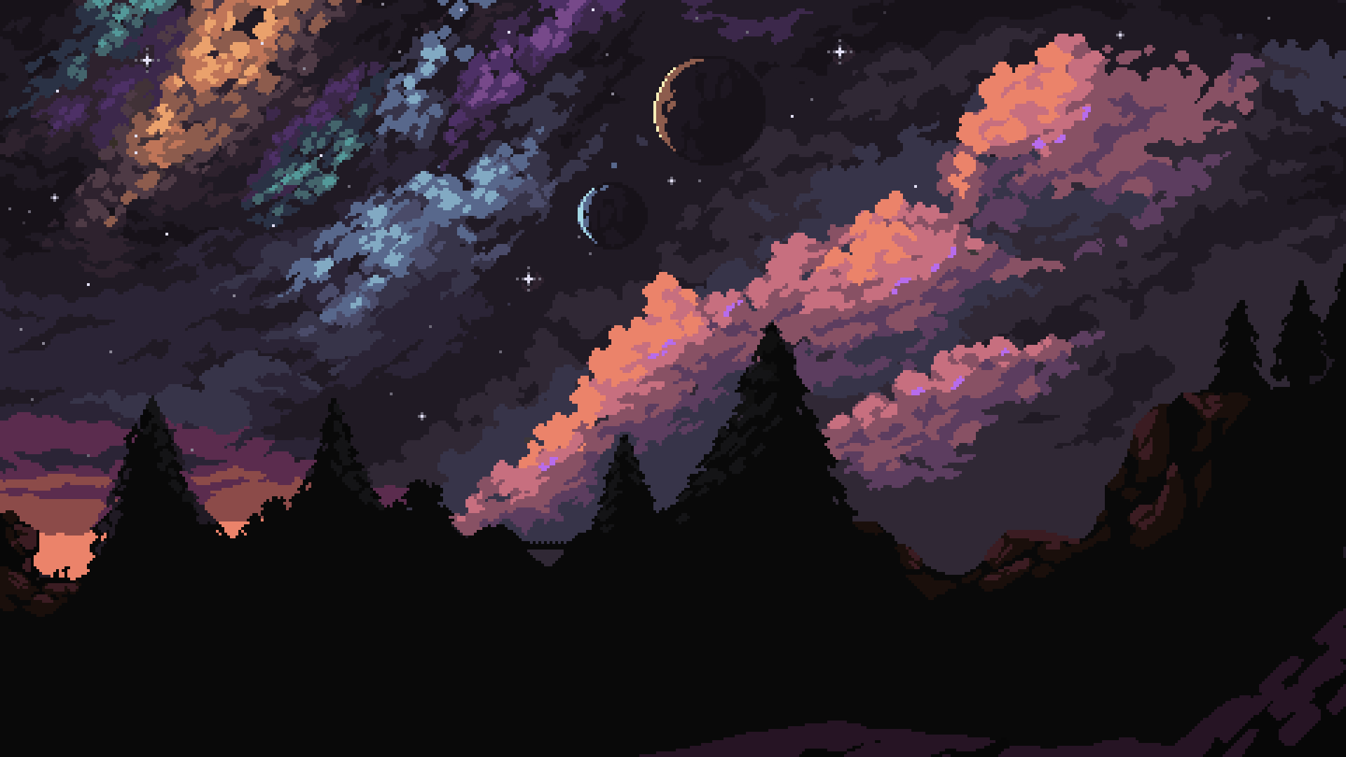 Cielo notturno pixel art alberi, 1920x1080 Full HD, Desktop