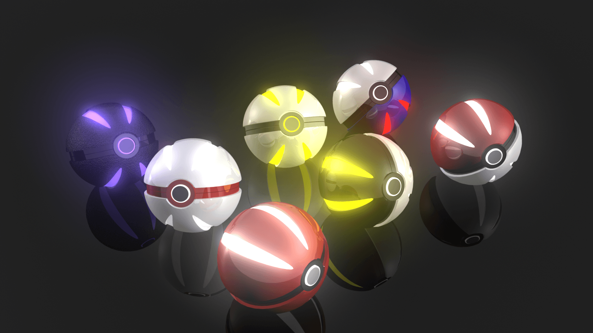 Poké Ball colorate luminose 3D, 1920x1080 Full HD 1080p, Desktop