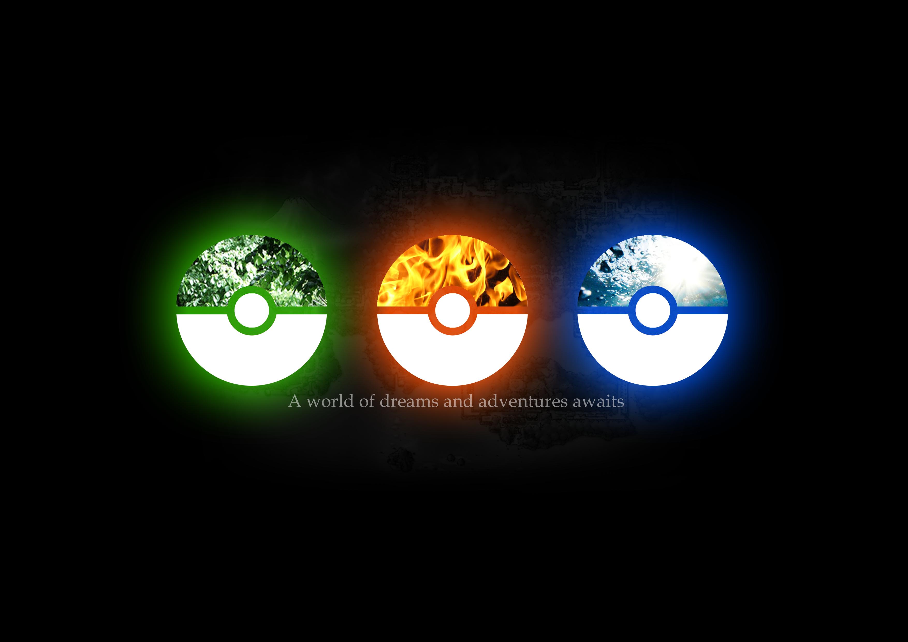 Tre Poké Ball elementali colorate, 3508x2480 2K, Monitor Gaming