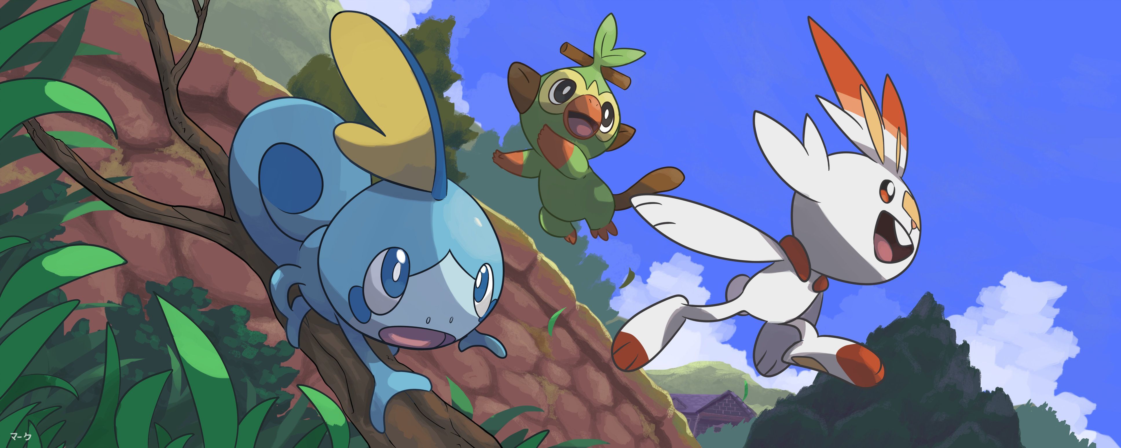 Sobble, Grookey, Scorbunny Pokémon, 3872x1549 21:9, Ultrawide