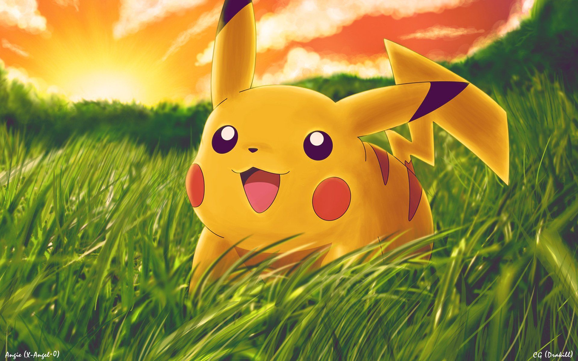 Pikachu nell'erba al tramonto, 1920x1080 Full HD 1080p, Desktop