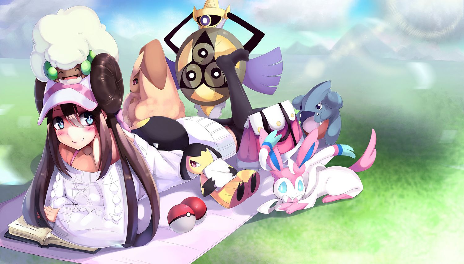 Ragazza con Pokémon su prato, 1500x854 720p, PC