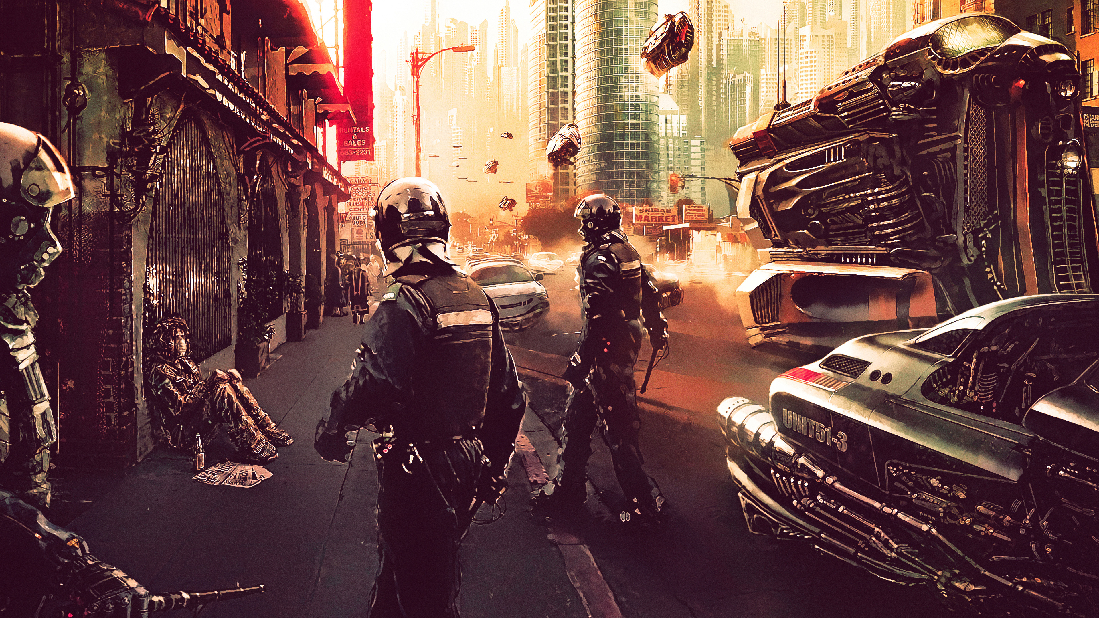 Poliziotti cyberpunk in strada futuristica, 3840x2160 UHD, PC 4K