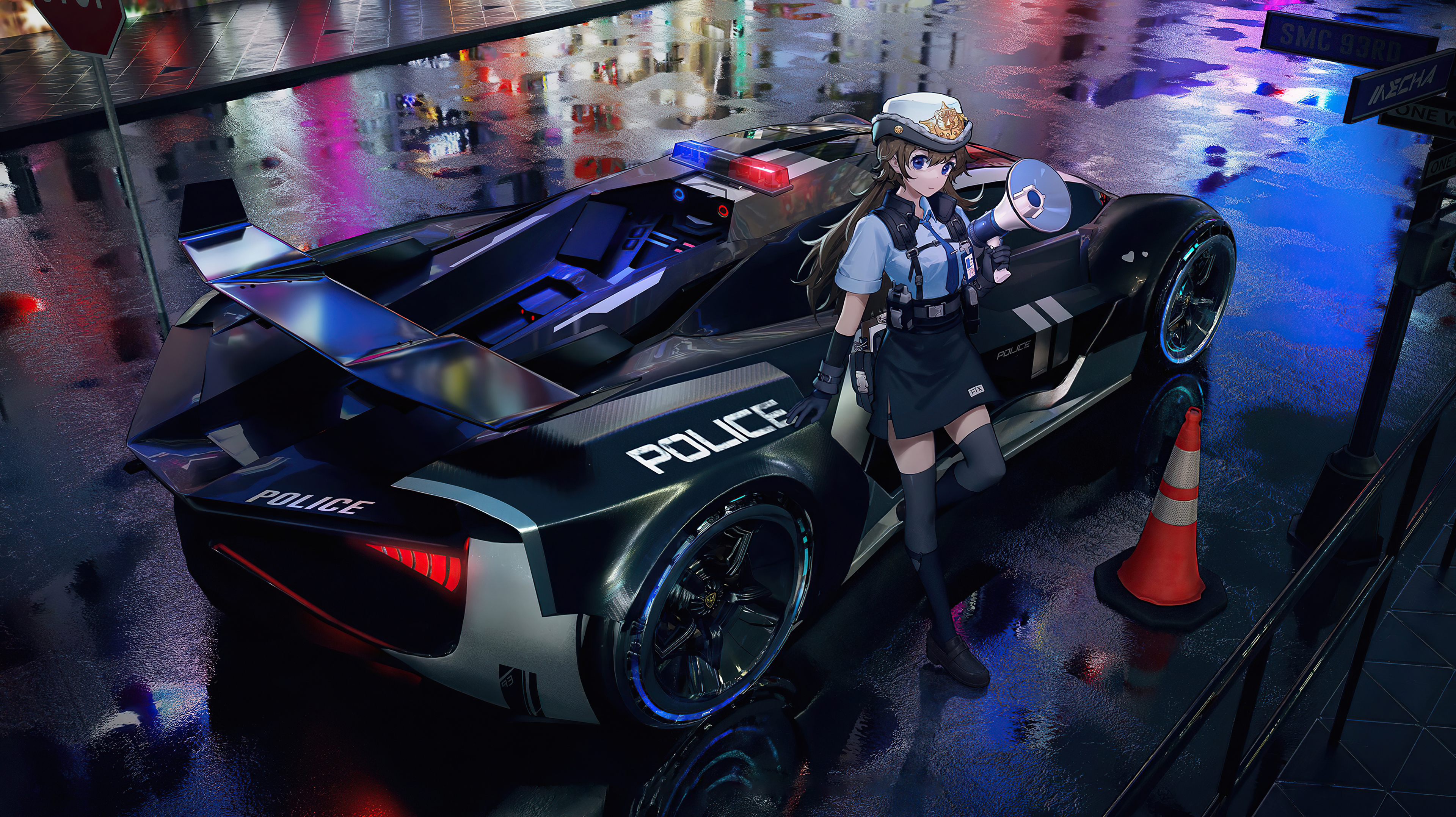 Ragazza anime poliziotta con auto sportiva, 3840x2157 UHD, PC 4K
