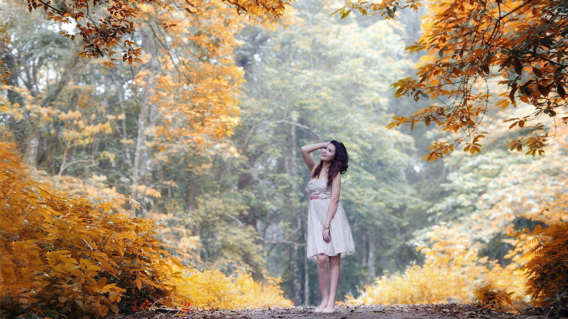 Donna in foresta autunnale dorata, 1920x1080 1080p, PC