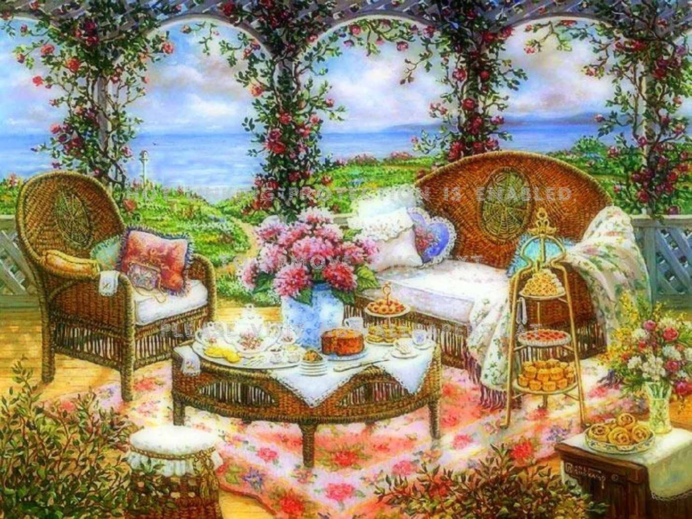 Tè pomeridiano terrazza fiorita mare, 1400x1050 720p, Laptop