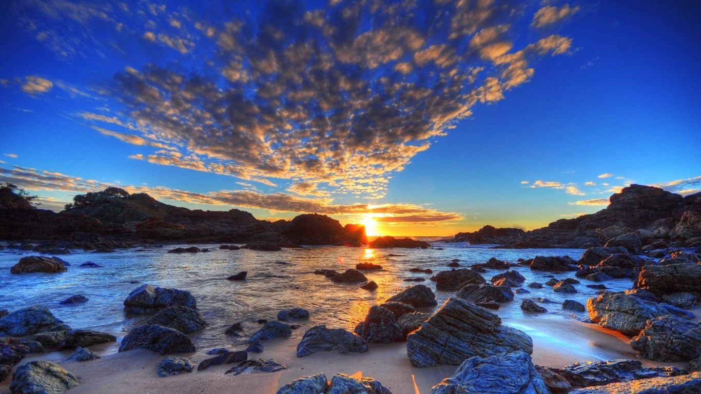 Tramonto sul mare con rocce, 1366x768 720p, iMac