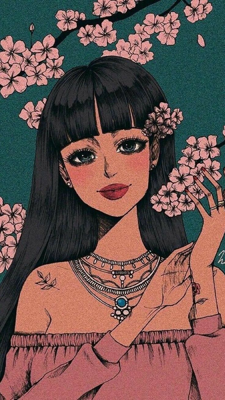 Ragazza pop art fiori rosa, 736x1309 Verticale, Telefono