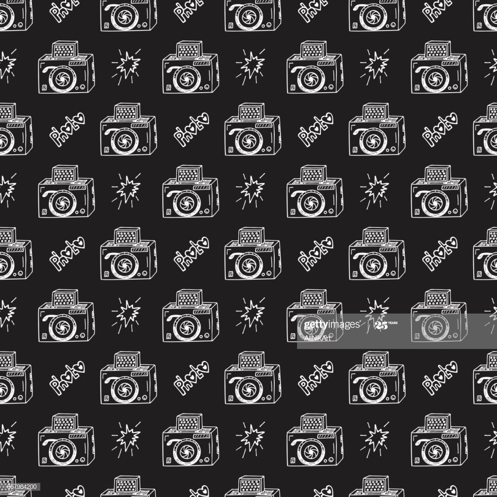 Pattern fotocamere disegnate bianco nero, 1024x1024 HD, Desktop