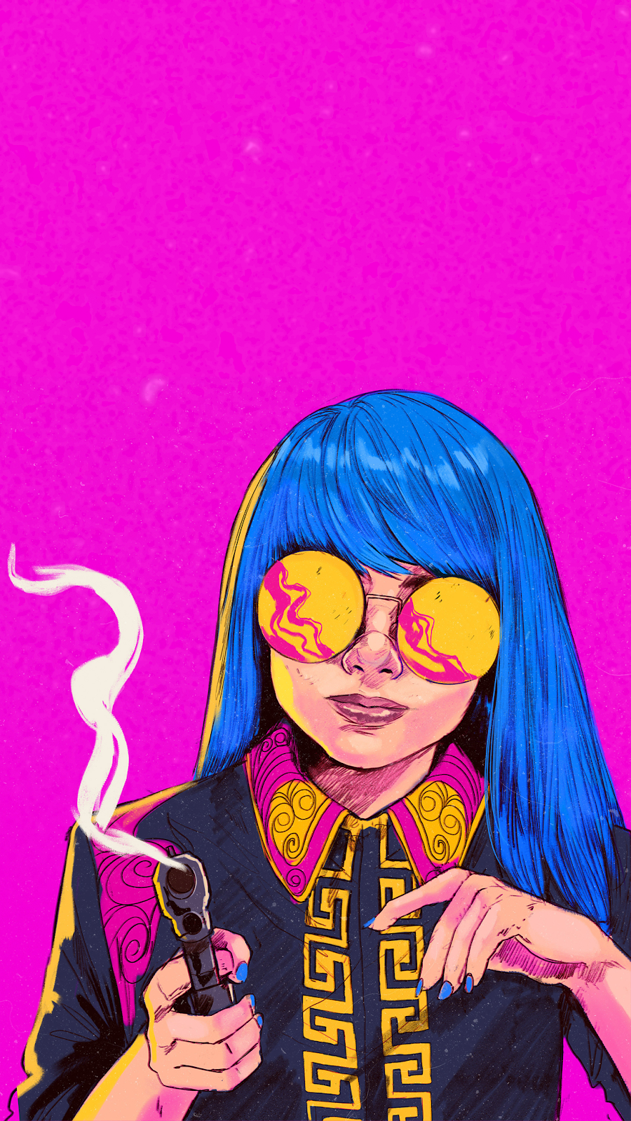 Ragazza capelli blu occhiali pistola, 900x1600 Verticale, Telefono