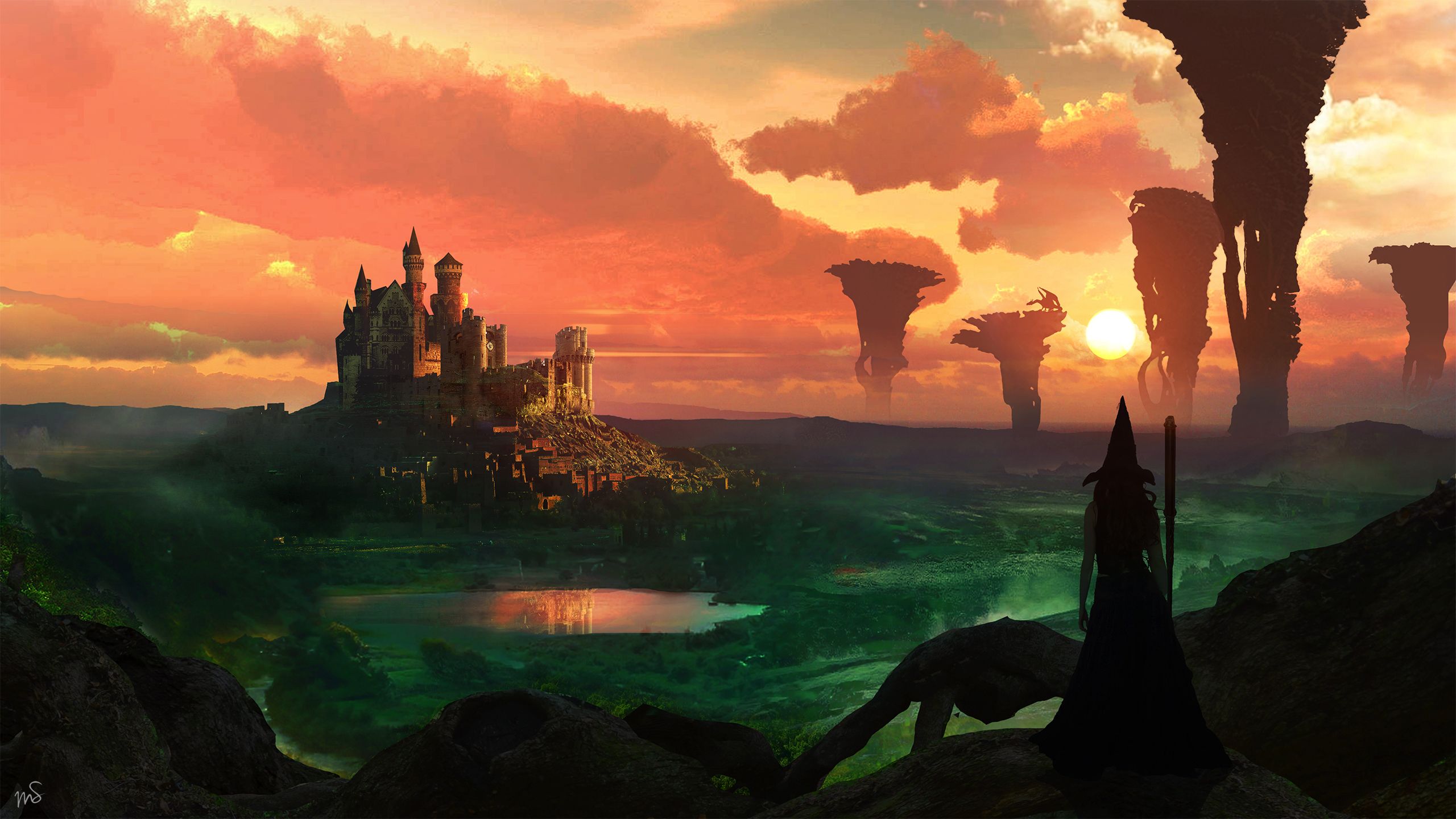 Castello fantasy tramonto arancione, 2560x1440 QHD, Monitor Gaming