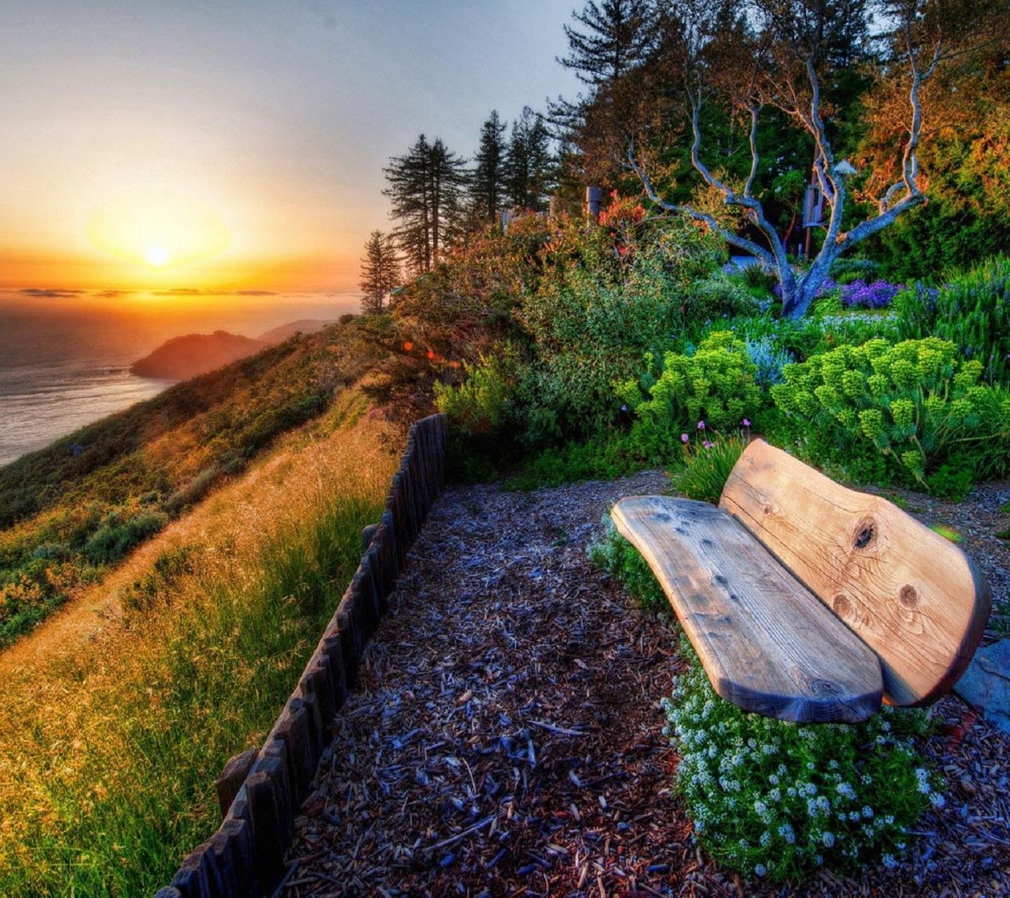 Panchina in legno tramonto costiero, 1440x1280 720p, Laptop