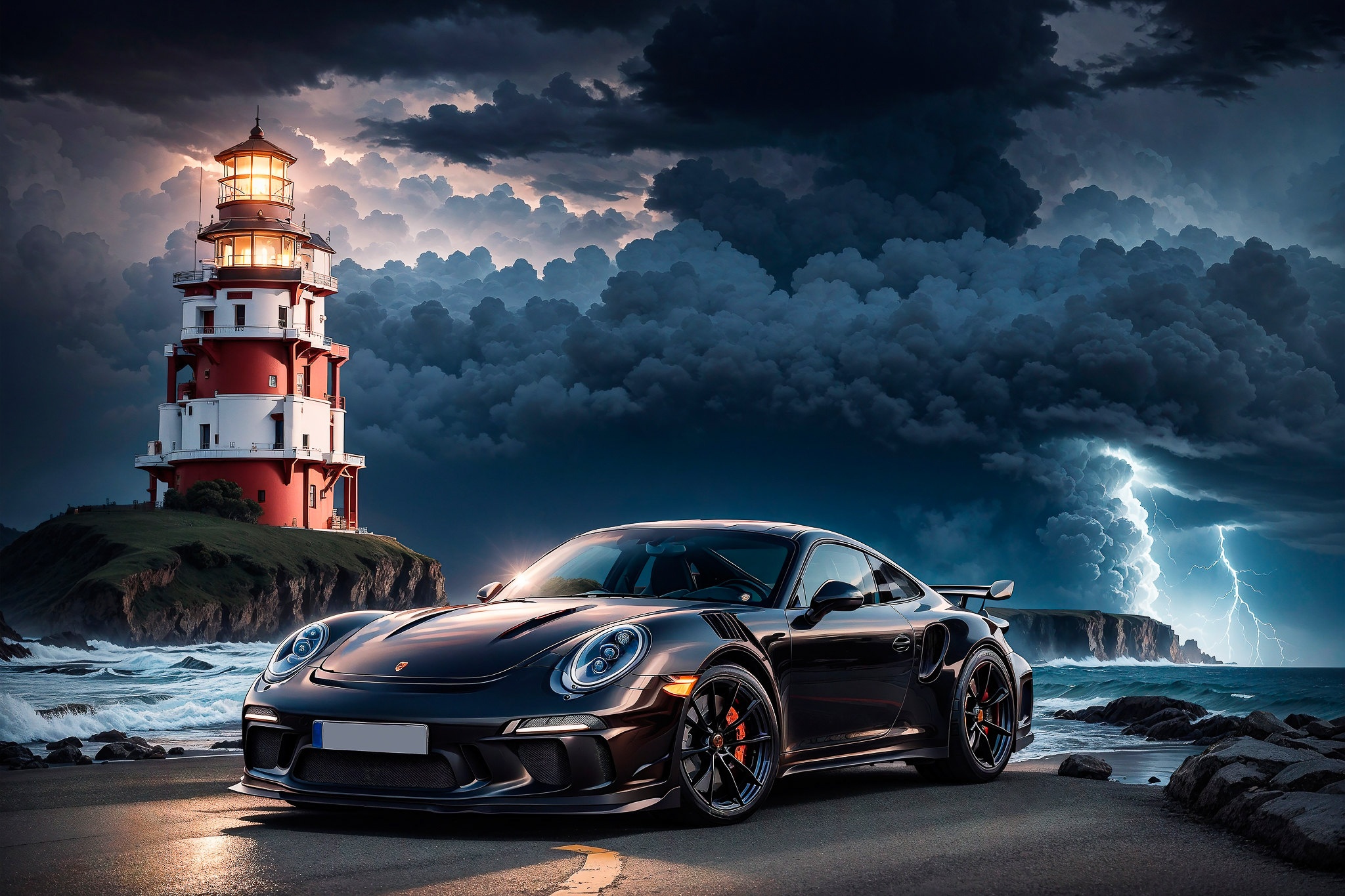 Porsche nera, faro, tempesta, 2048x1365 Hi-Res, Desktop