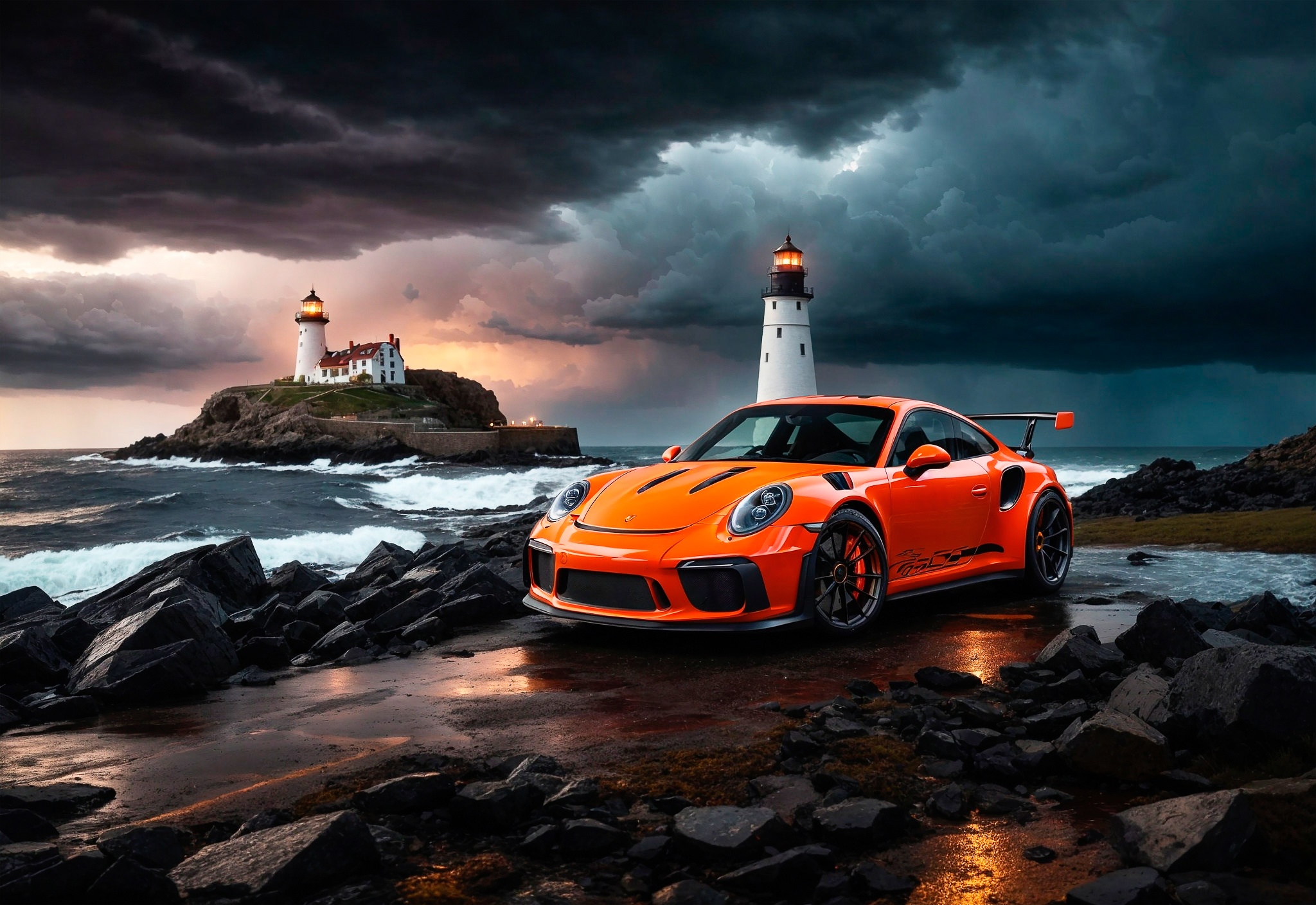 Porsche 911 GT3 RS arancione, faro, 2048x1408 2K, Desktop