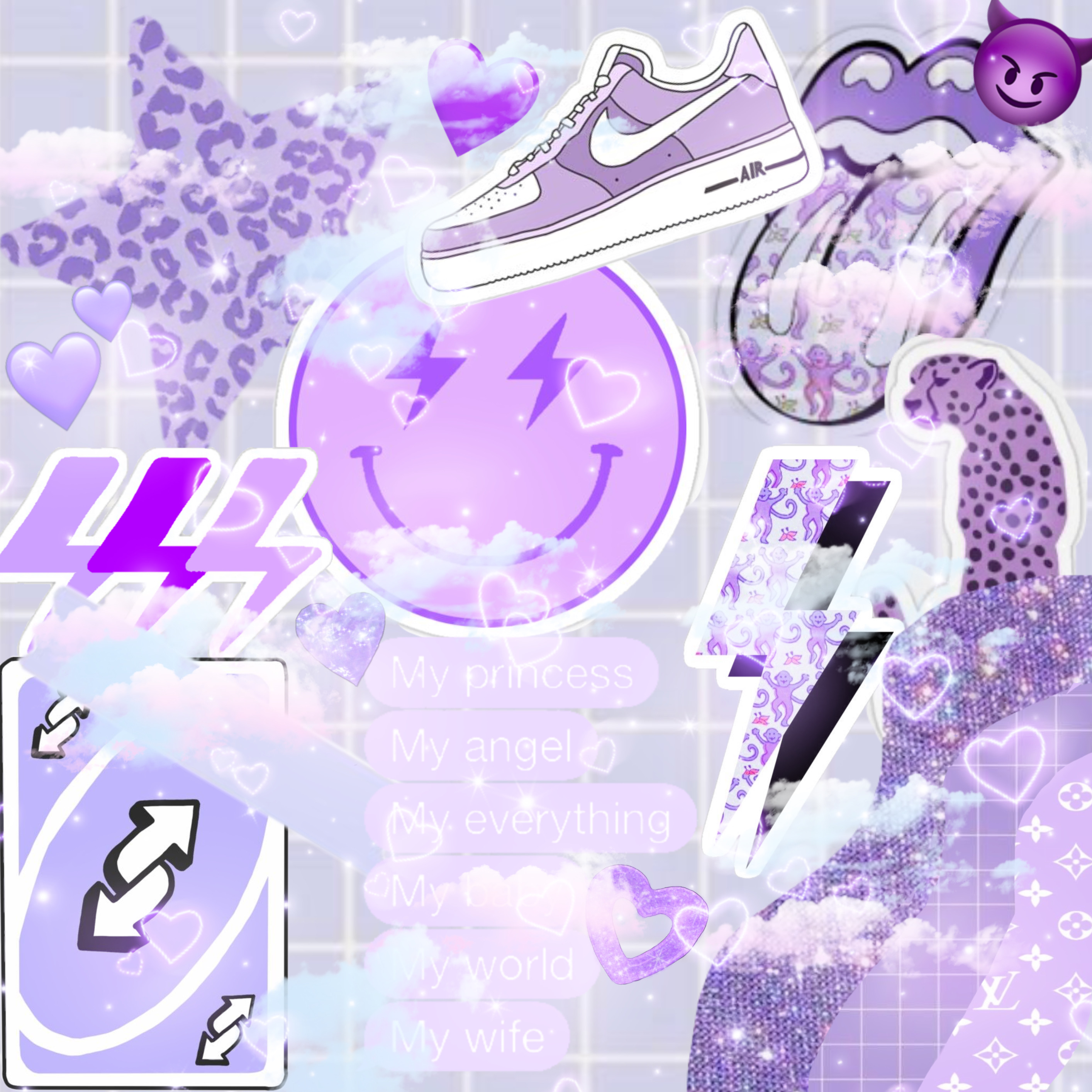 Collage preppy viola con smiley e sneaker, 2828x2828 2K, Monitor Gaming