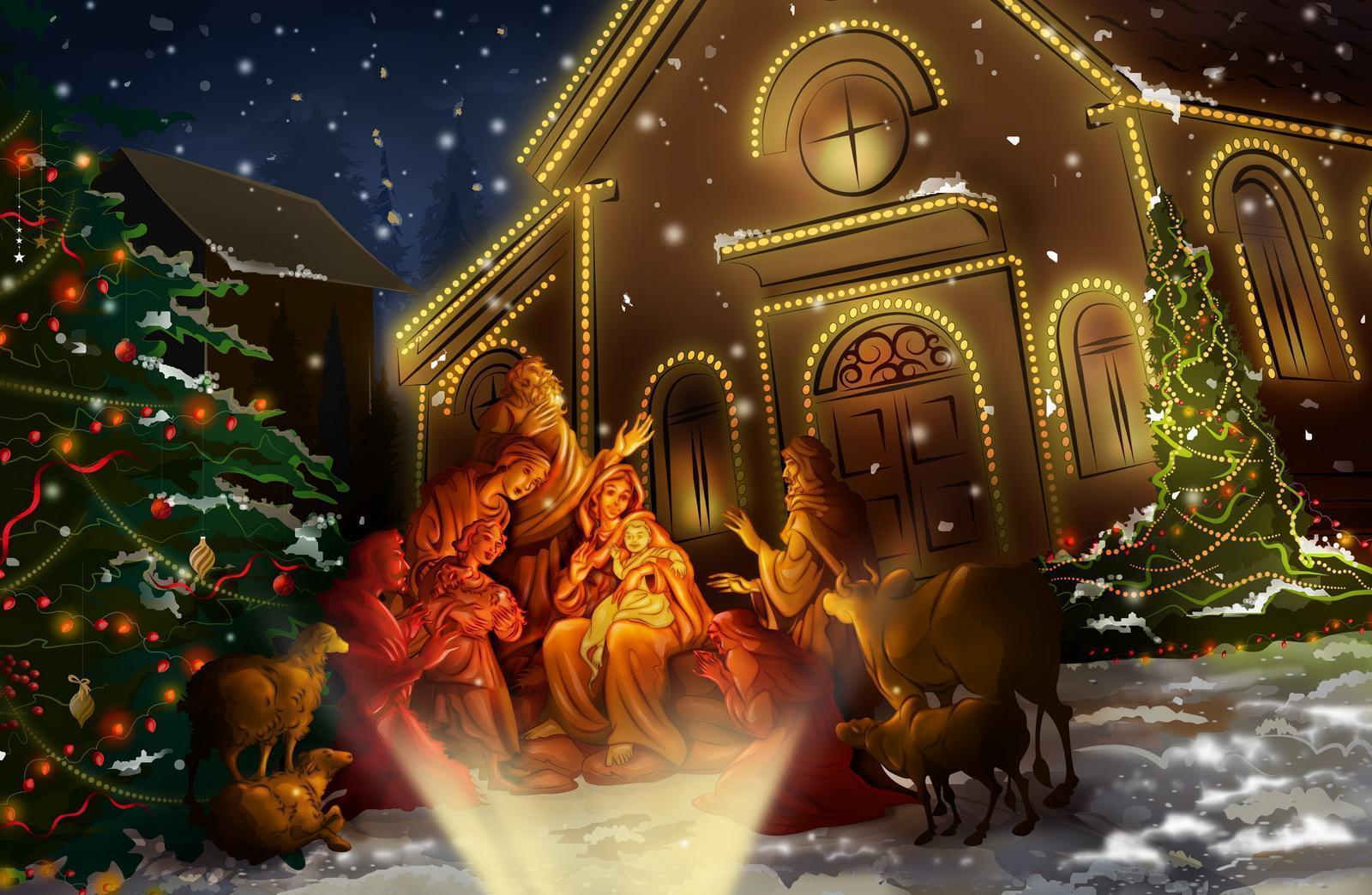 Presepe natalizio davanti chiesa illuminata, 1600x1044 HD, Laptop