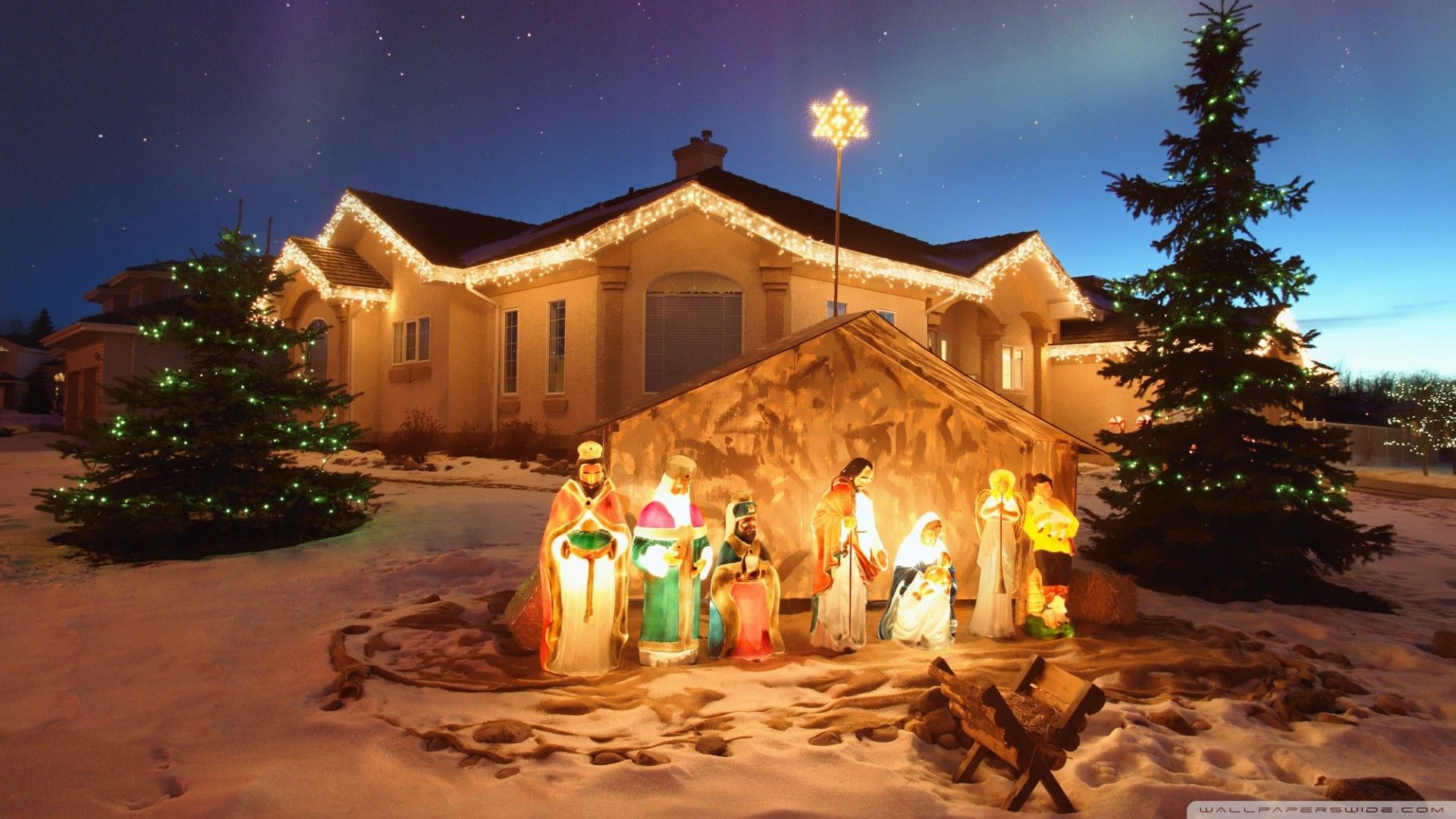 Presepe illuminato davanti casa innevata, 1920x1080 Full HD 1080p, Desktop