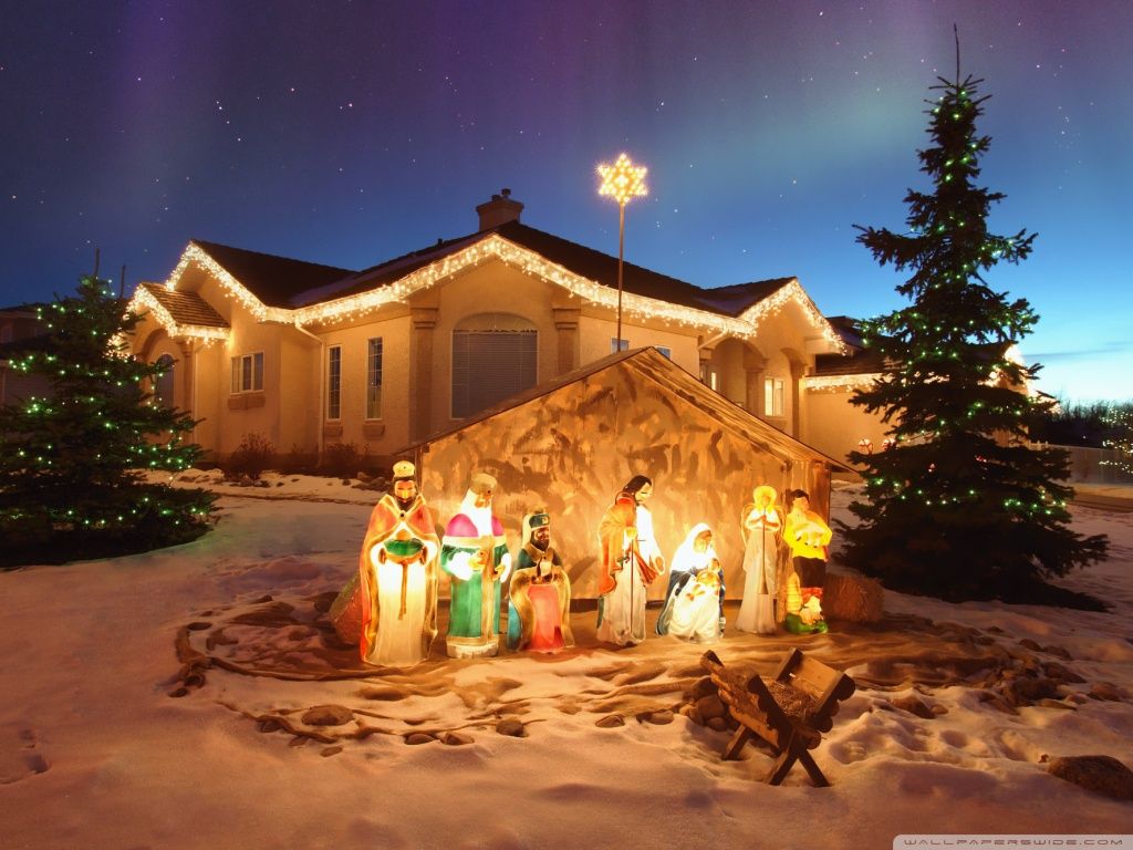 Presepe natalizio esterno illuminato, 1024x768 HD, Desktop