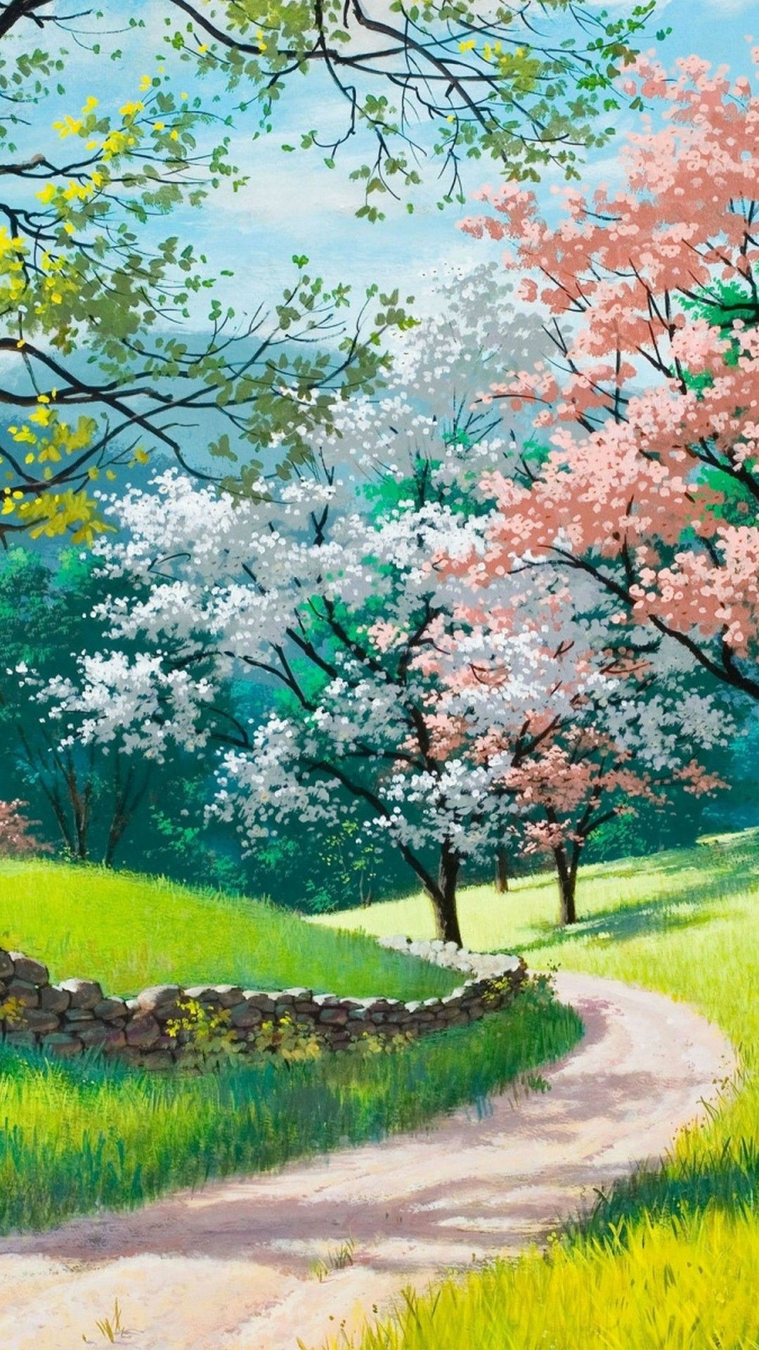 Alberi fioriti primaverili sentiero, 1080x1920 Full HD Verticale, Samsung Galaxy