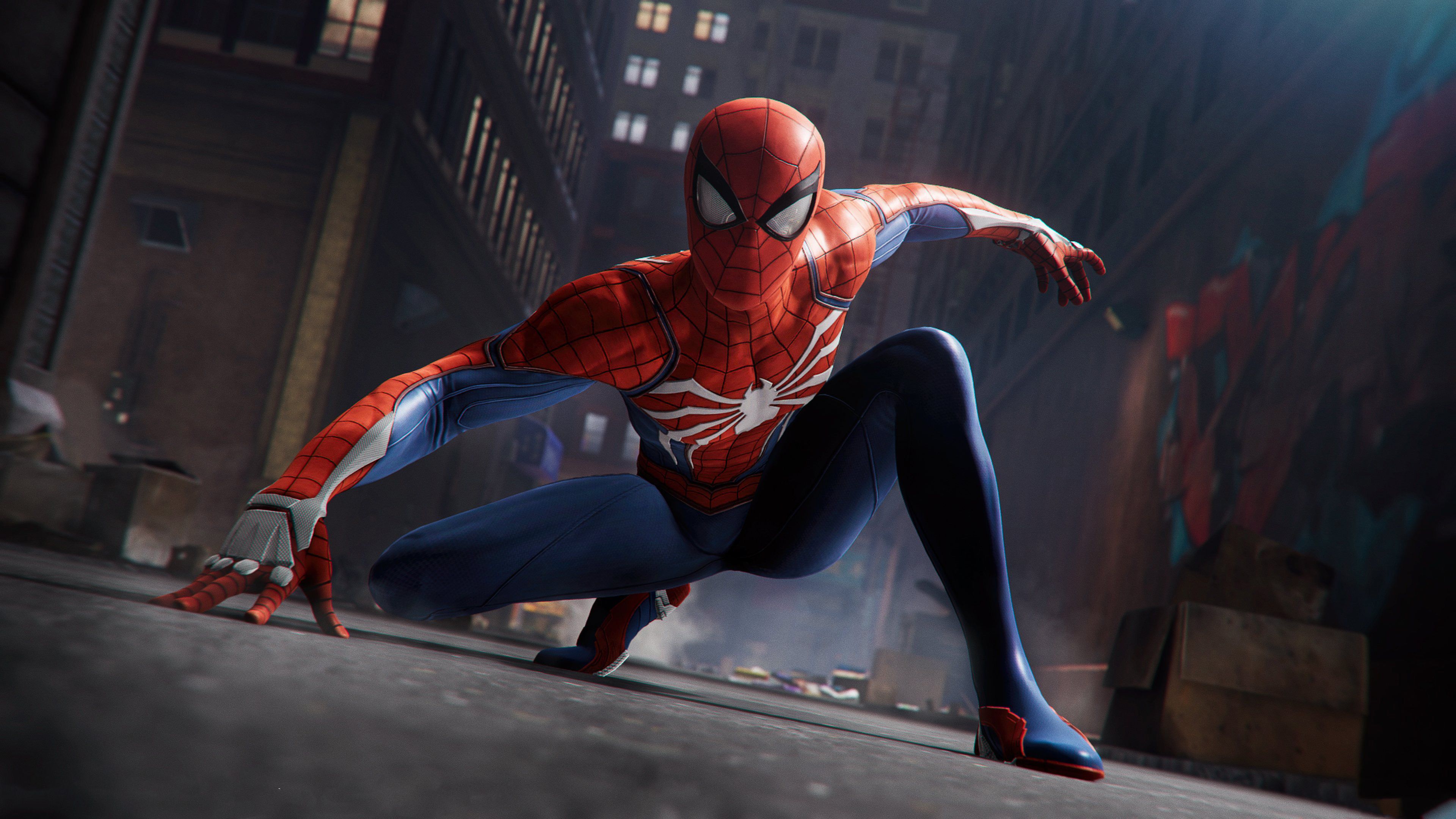 Spider-Man PS4 accovacciato città, Uomo Ragno, 3840x2160 Ultra HD, 4K TV