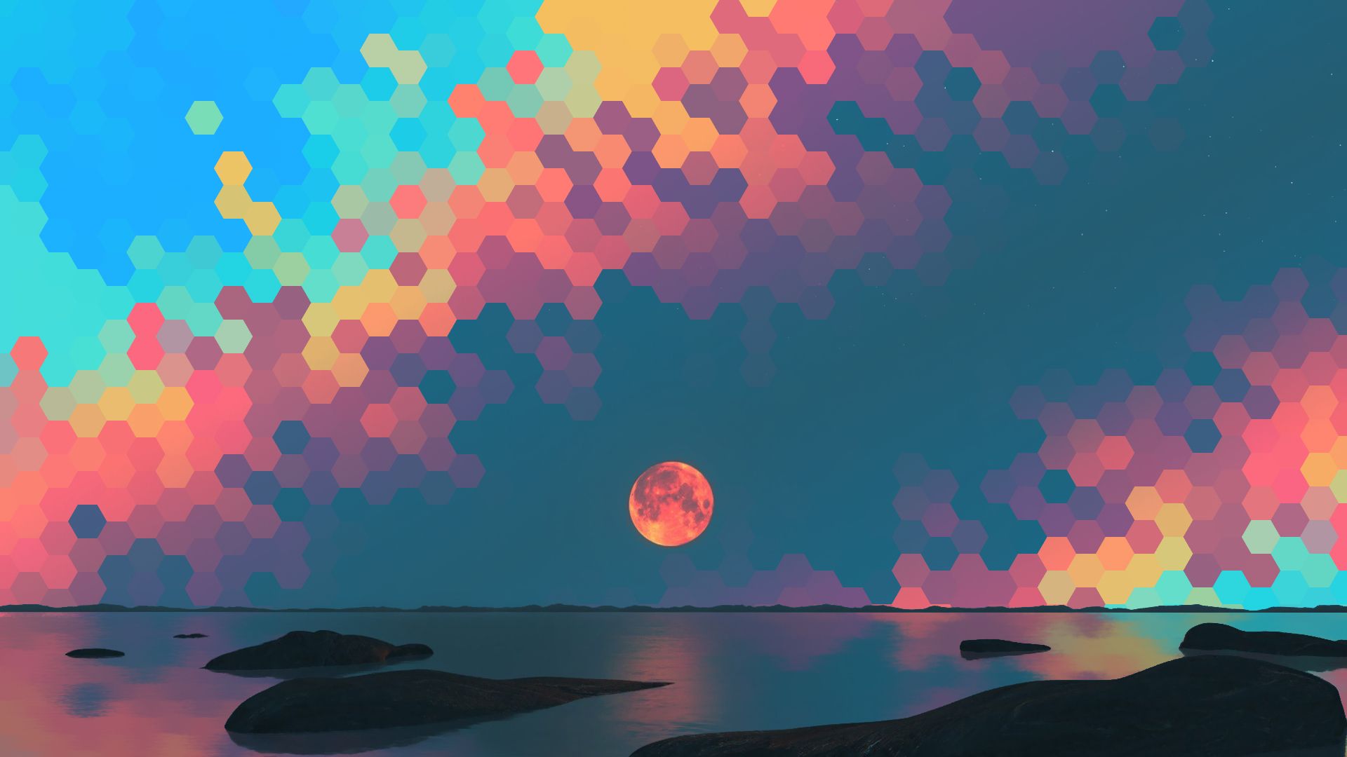 Luna esagoni colorati mare, 1920x1080 Full HD, PC